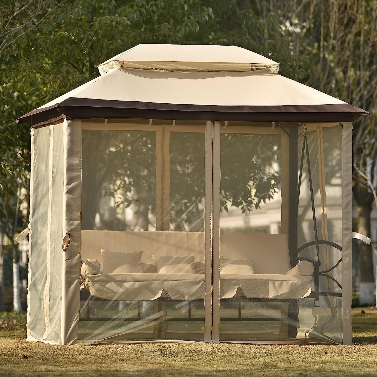 Campfun Outdoor Gazebo Swing, 3-Seat Patio Swing Chair, Outdoor Swing Bed, Outdoor Swing with Canopy, Netting Curtains, Side Trays, Canopy Swing for Garden, Poolside Backyard - 8.9x5.9 Ft, Beige