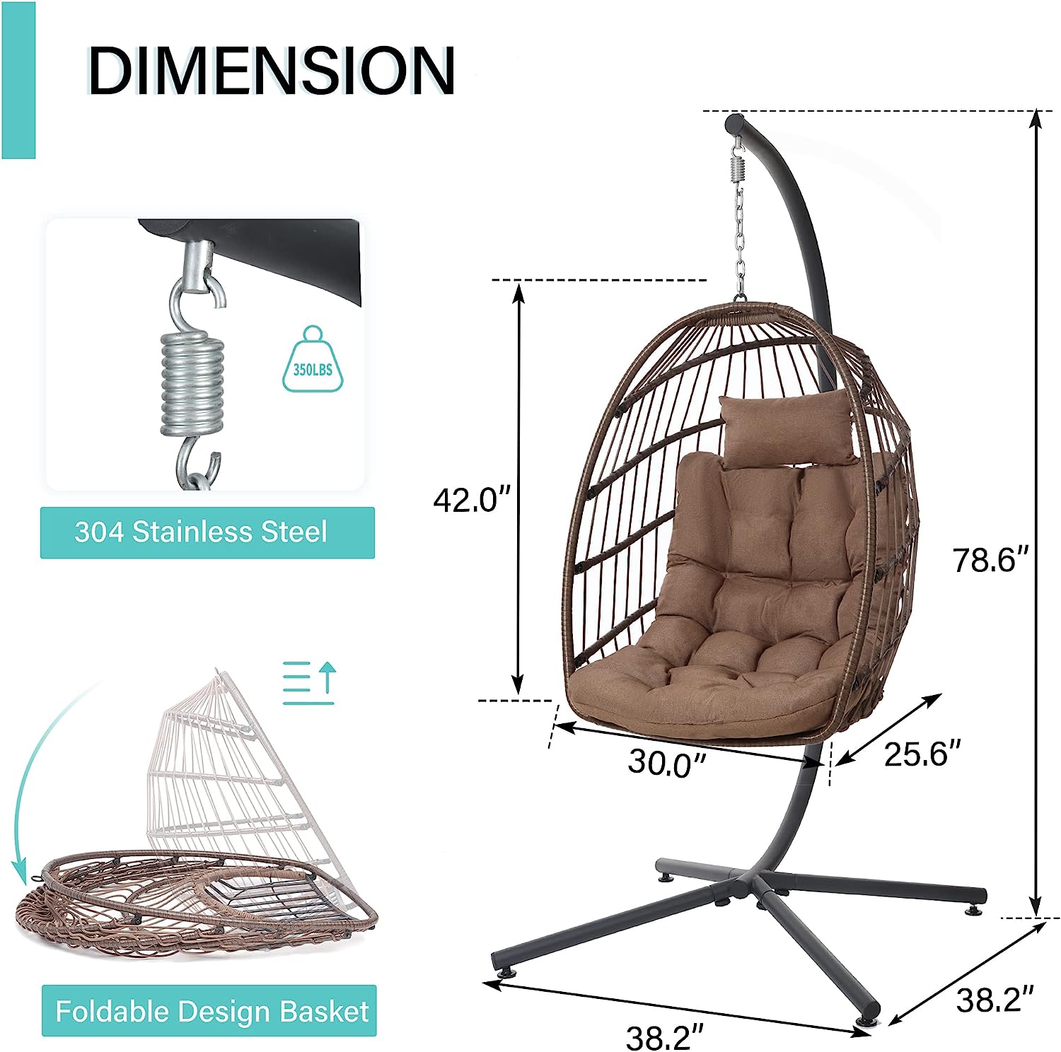 SWITTE Hanging Egg Chair with Stand, Egg Swing Hammock Chair with Stand, Indoor Outdoor Wicker Egg Chair with Cushion Headrest for Patio Bedroom Porch Garden, 350LBS Capacity(Dark Grey)