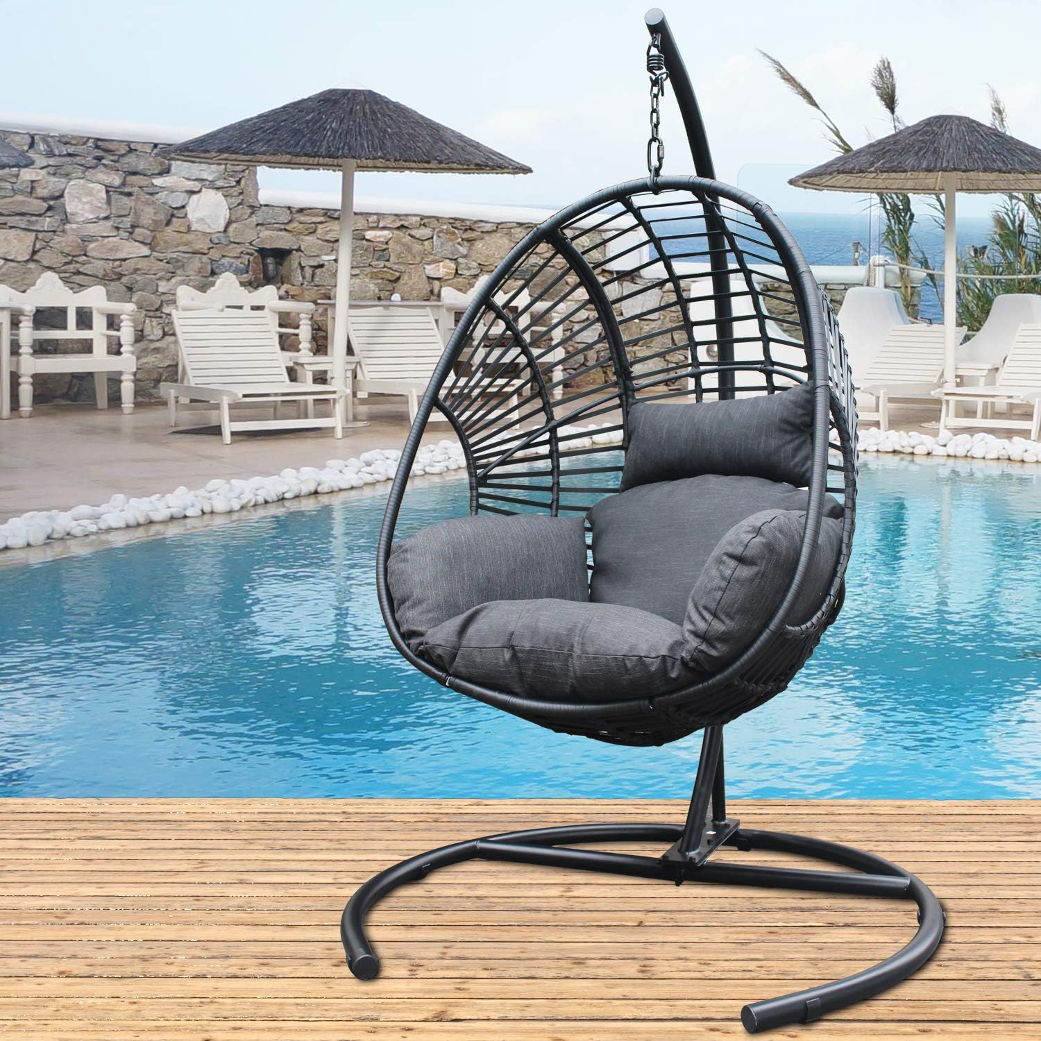 Olela Wicker Egg Swing Chair with Stand Indoor Outdoor,Hanging Egg Chair with Cushion and Pillow,Basket Chair for Bedroom,Living Room or Patio Garden (Natural-Round Base)