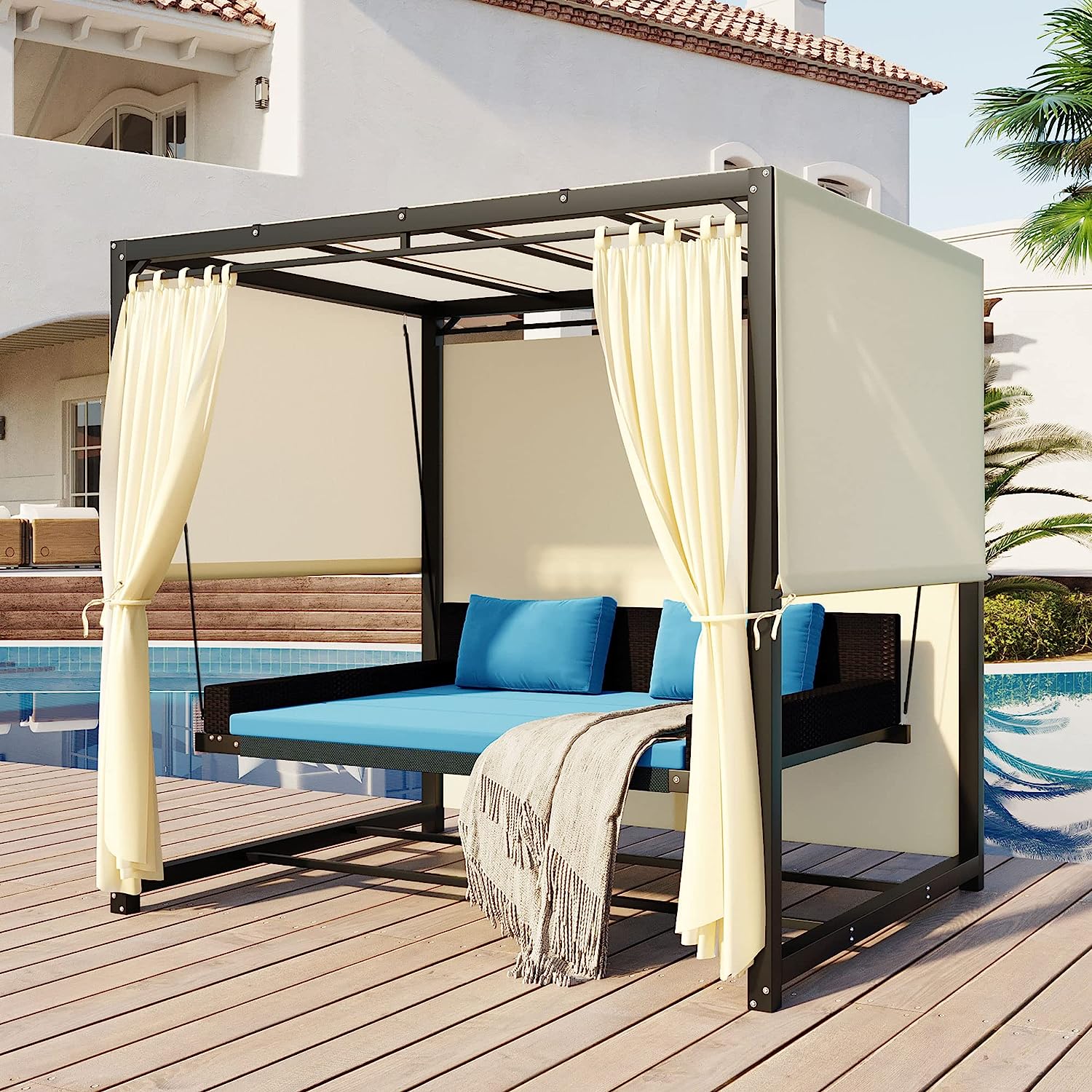 Merax 3-Seat Patio Swing Bed,Outdoor Porch Chair with Adjustable Canopy and Durable Steel Frame for Patio, Garden, Poolside Dark Grey