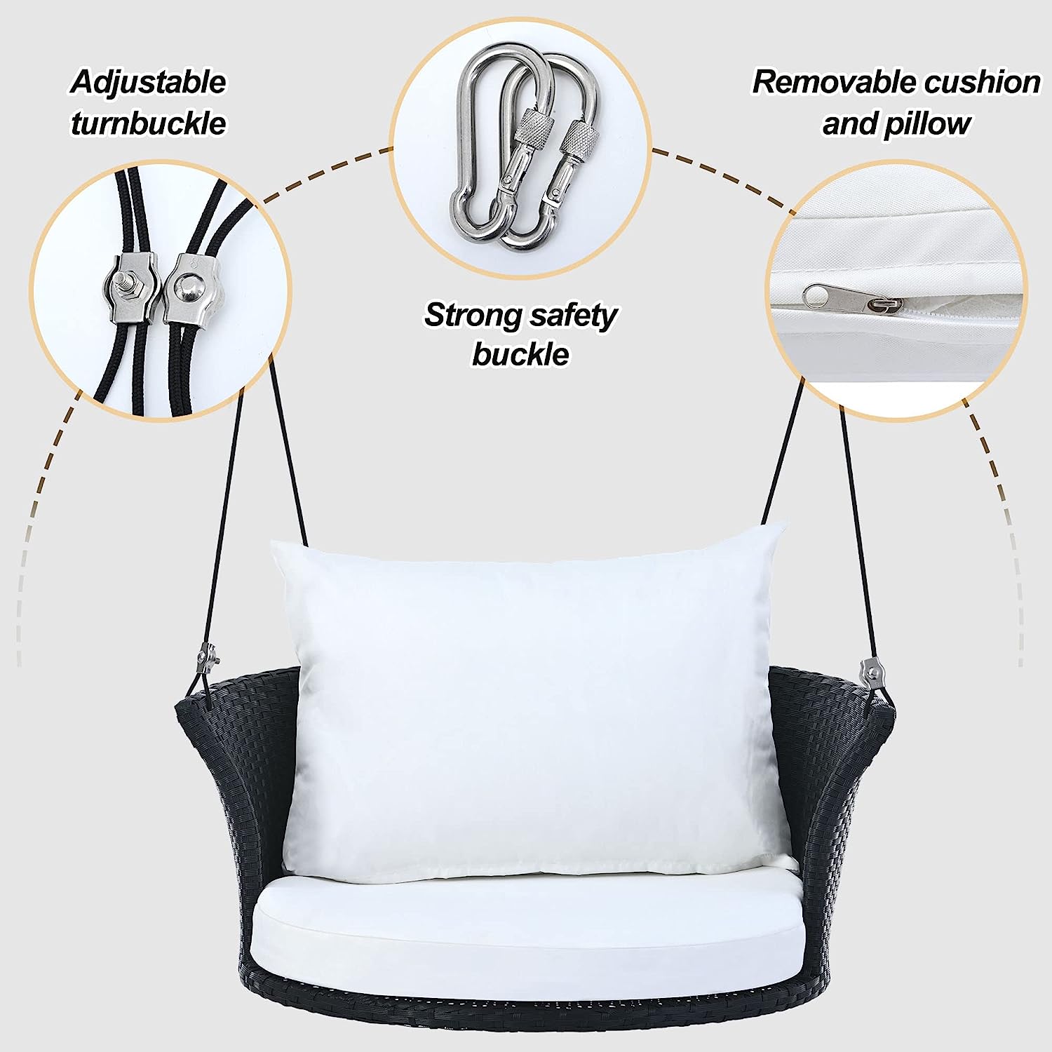 Patio 51.9” 2-Person Swing Chair,Outdoor Rattan Woven Hanging Seat with Adjustable Rope and Cushion,for Porch Lawn Garden Backyard Balconies (Black&b)