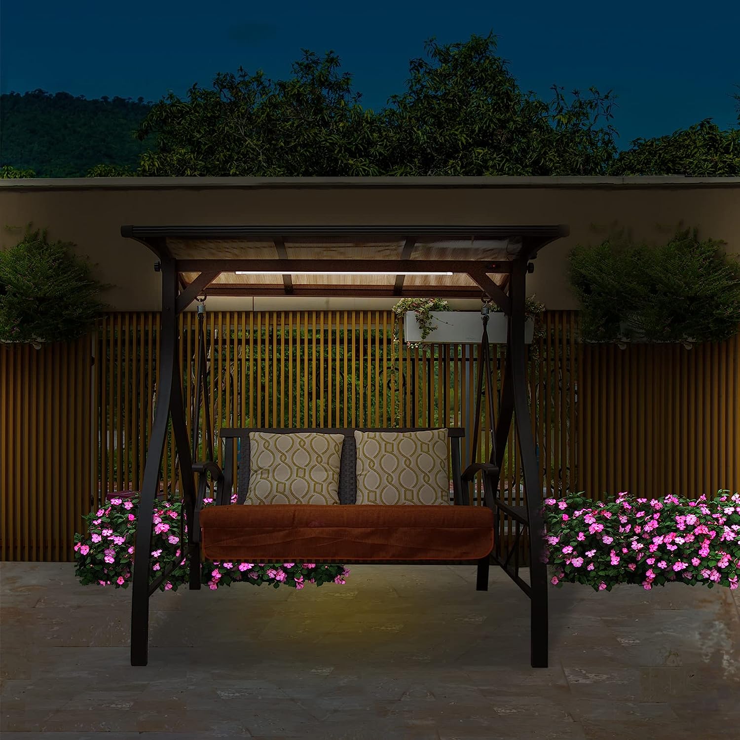 Domi 3-Seat Patio Swing Chair, Outdoor Porch Swing with Adjustable Canopy and Durable Steel Frame, Patio Swing Glider for Garden, Deck, Porch, Backyard