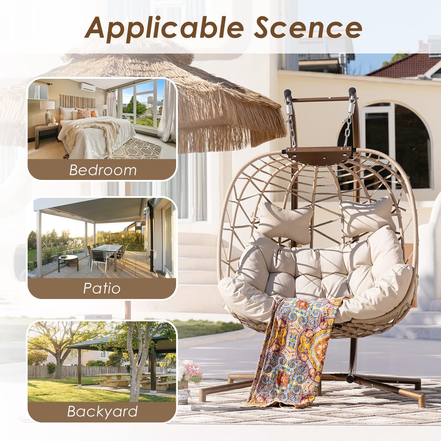 Swing Egg Chair with Stand Indoor Outdoor Wicker Rattan Patio Basket Hanging Chair with UV Resistant Cushions 350lbs Capaticy for Bedroom Balcony Patio (Cream)