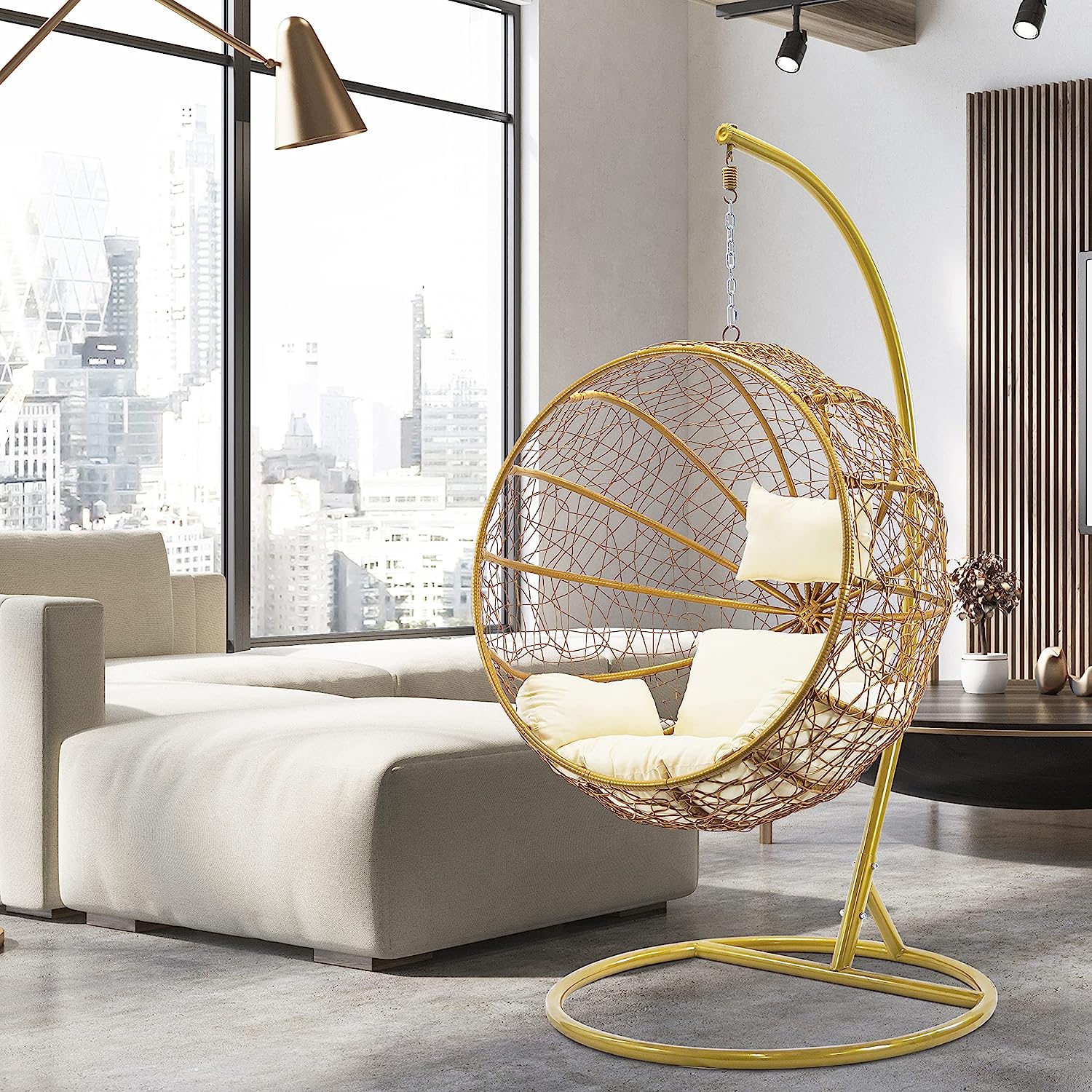 J.M.Deco Porch Swing Chair with Stand, Cushion & Pillow, Goldden Egg Rattan Wicker Swing Hanging Chair, Hammock Chair for Indoor, Outdoor, Garden, Backyard & Patio