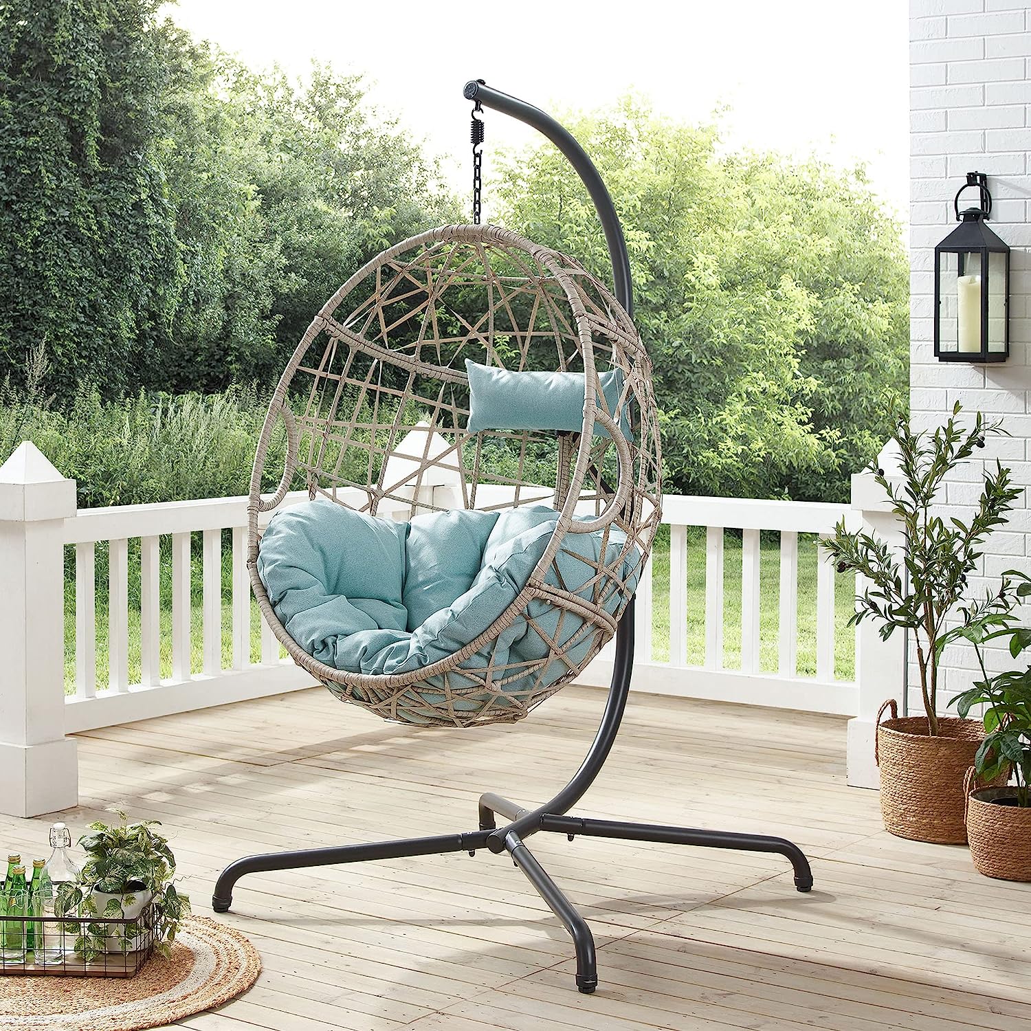 Iwicker Outdoor Rattan Egg Hanging Swing Chair with Cushions and Stand (Beige)