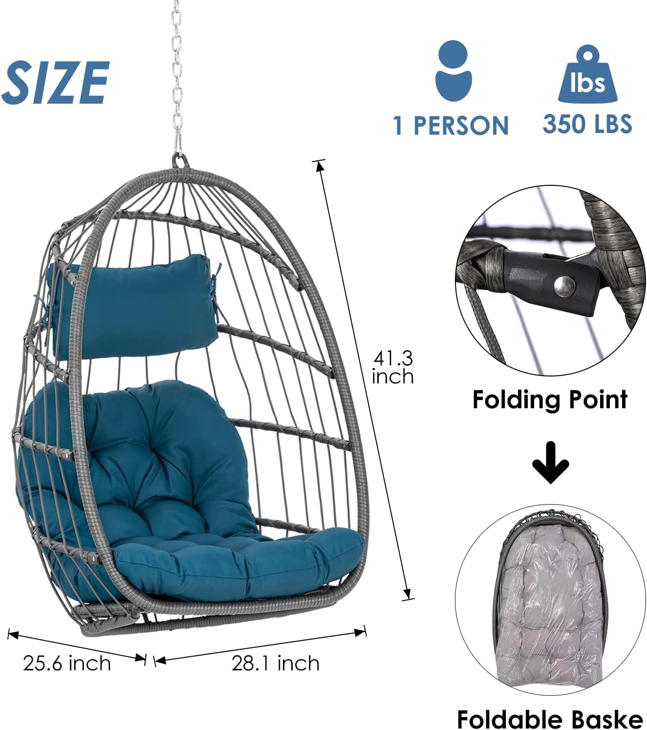 Hanging Egg Chair Without Stand - Foldable Indoor Outdoor Wicker Rattan Swing Egg Chair with Hanging Chain Hammock Chair - UV Resistant Cushions & Aluminum Frame for Bedroom Patio Camping (Grey)