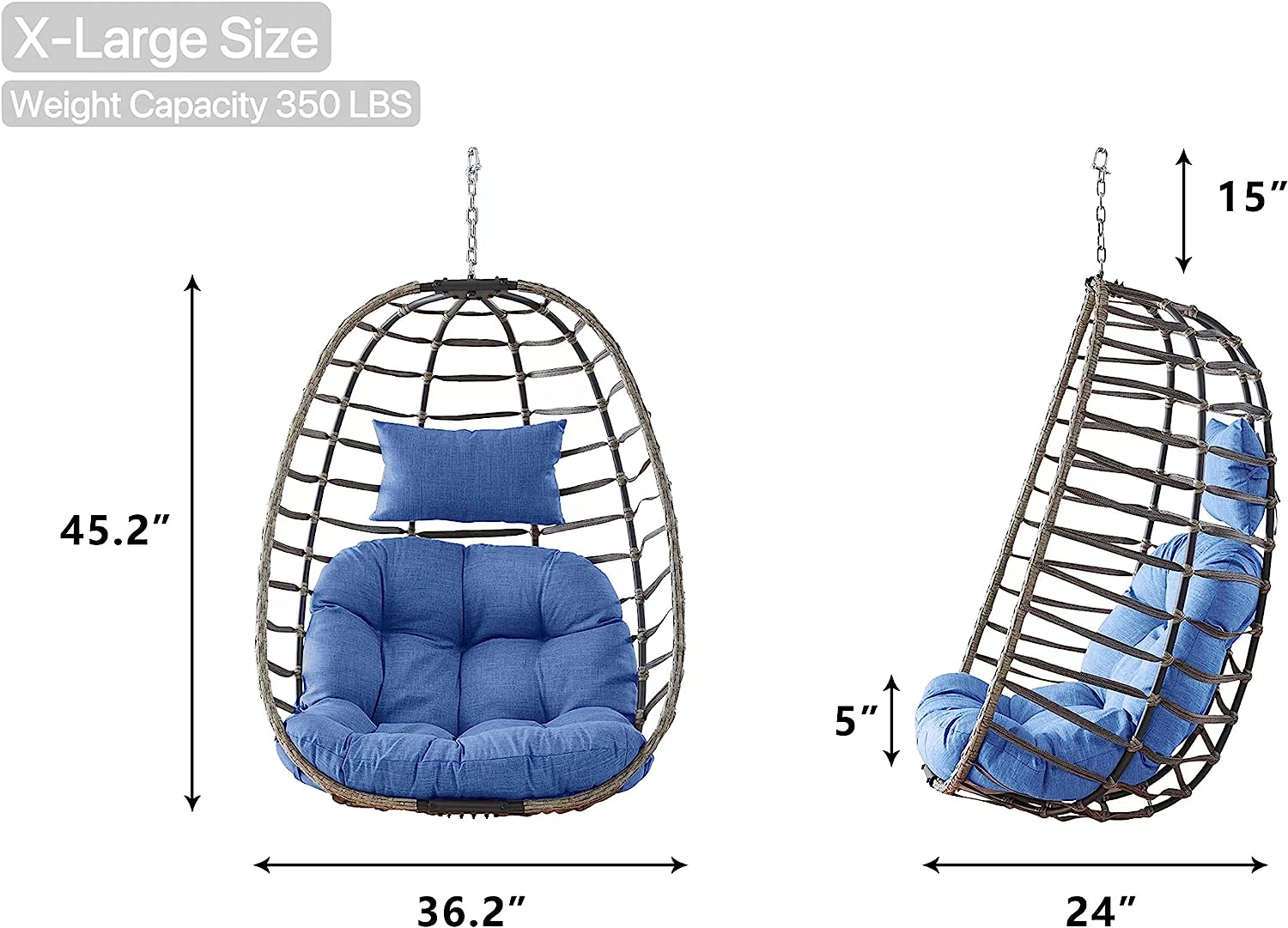Rilyson Hanging Egg Chair Without Stand - Outdoor Egg Swing Chair with Resistant Cushion Wicker Rattan Swinging Egg Chair for Patio Garden Balcony(Grey/Blue)