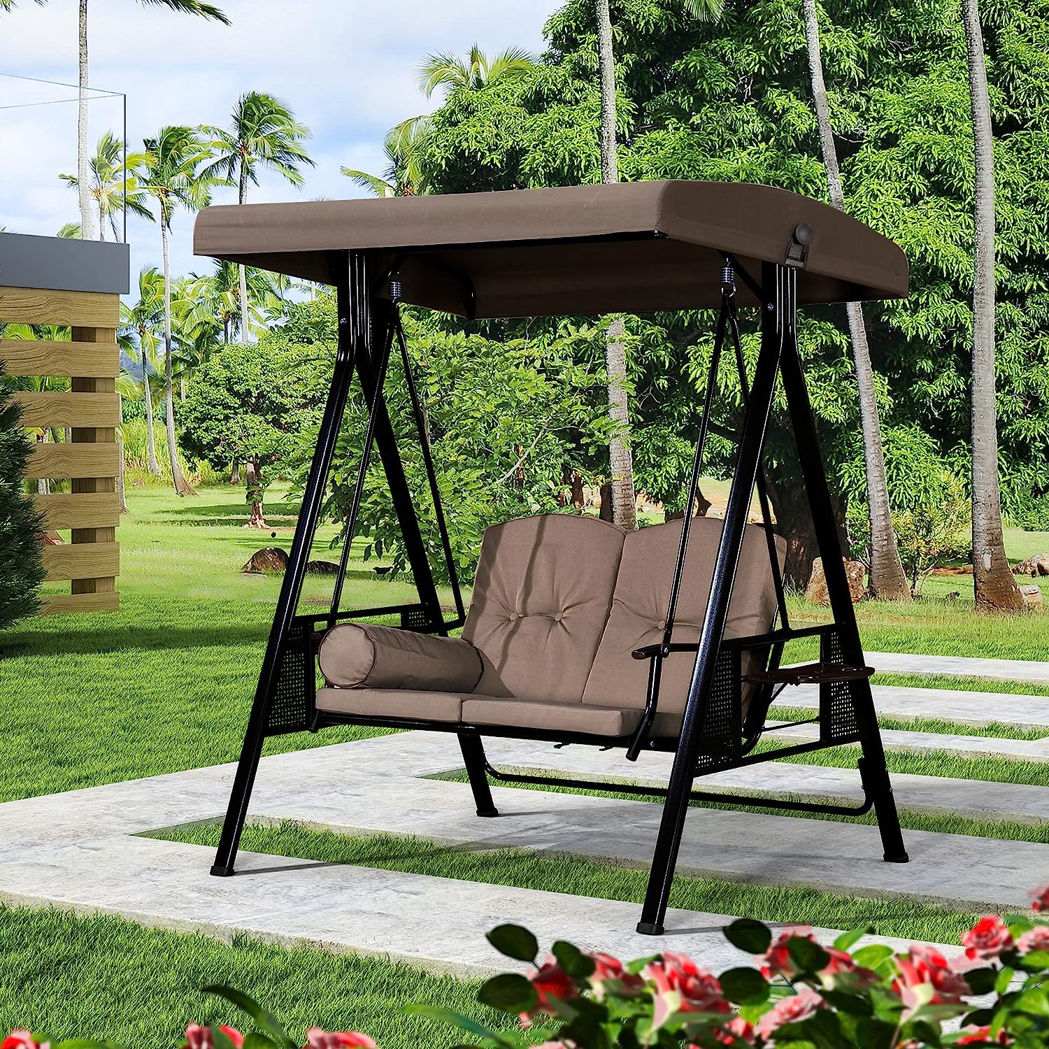 PURPLE LEAF 3-Seat Deluxe Outdoor Patio Porch Swing with Weather Resistant Steel Frame, Adjustable Tilt Canopy, Cushions and Pillow Included, Beige