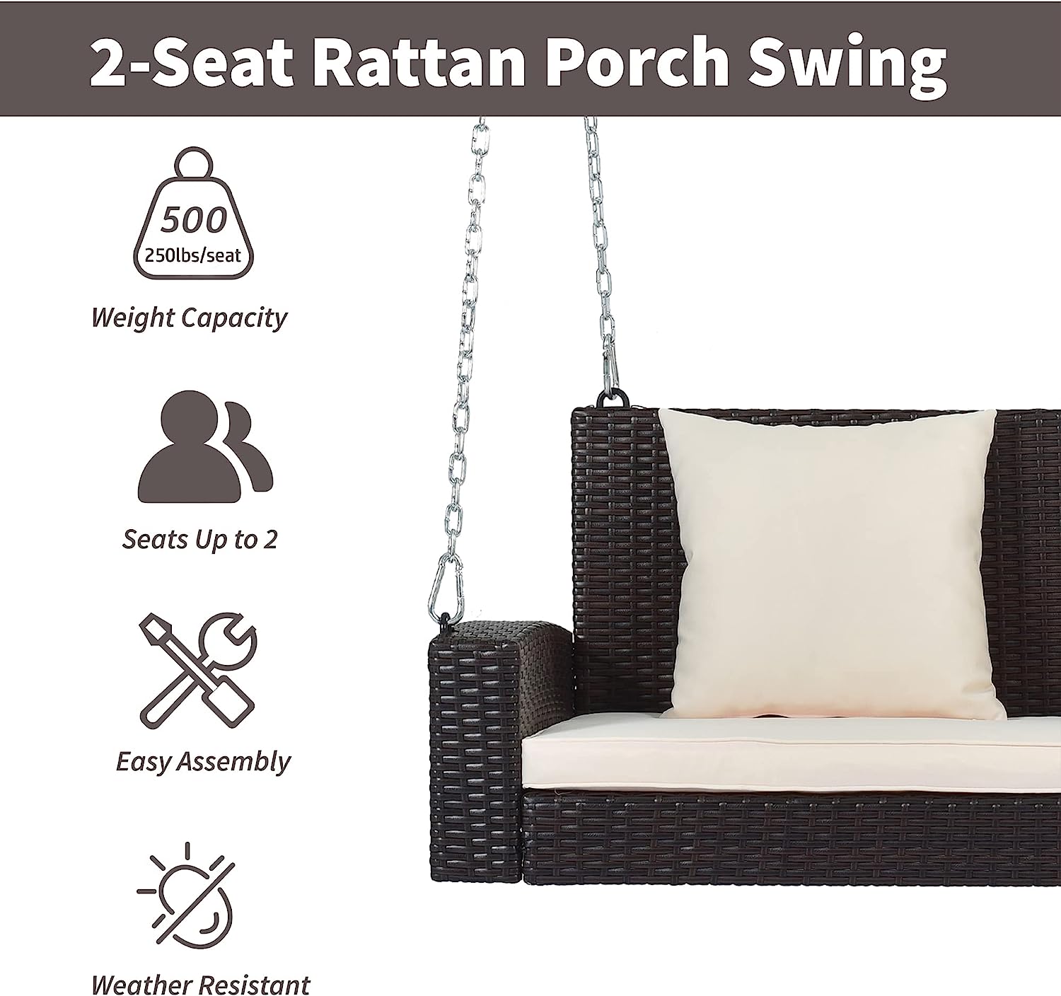 Patio 51.9” 2-Person Swing Chair,Outdoor Rattan Woven Hanging Seat with Adjustable Rope and Cushion,for Porch Lawn Garden Backyard Balconies (Black&b)