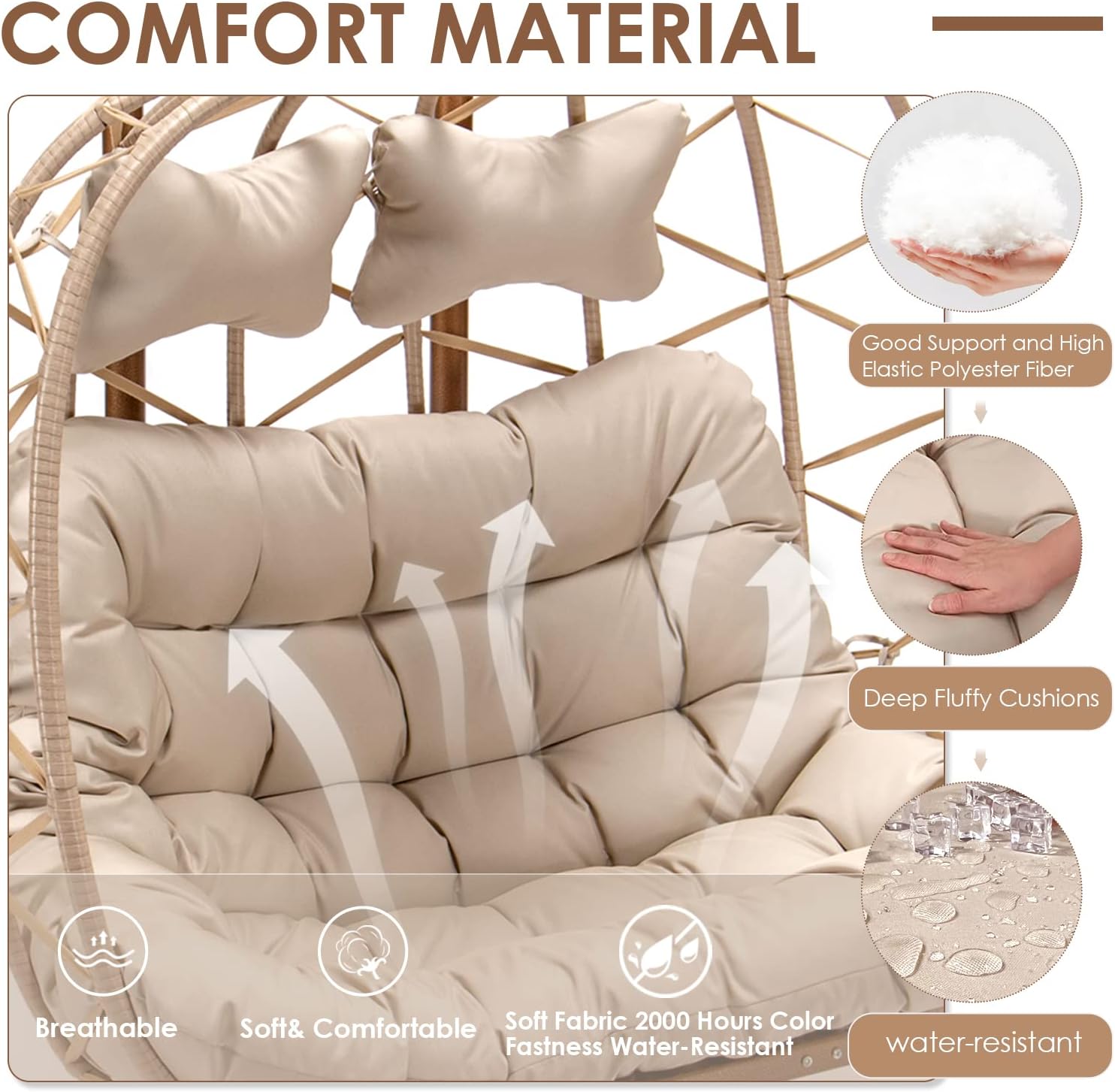 RADIATA Double Egg Chair with Stand Luxury Outdoor Patio Wicker Loveseat Hanging Swing Egg Chairs with Resistant Cushions Metal Frame 500 lbs Capaticy for 2 Persons Patio Backyard Balcony