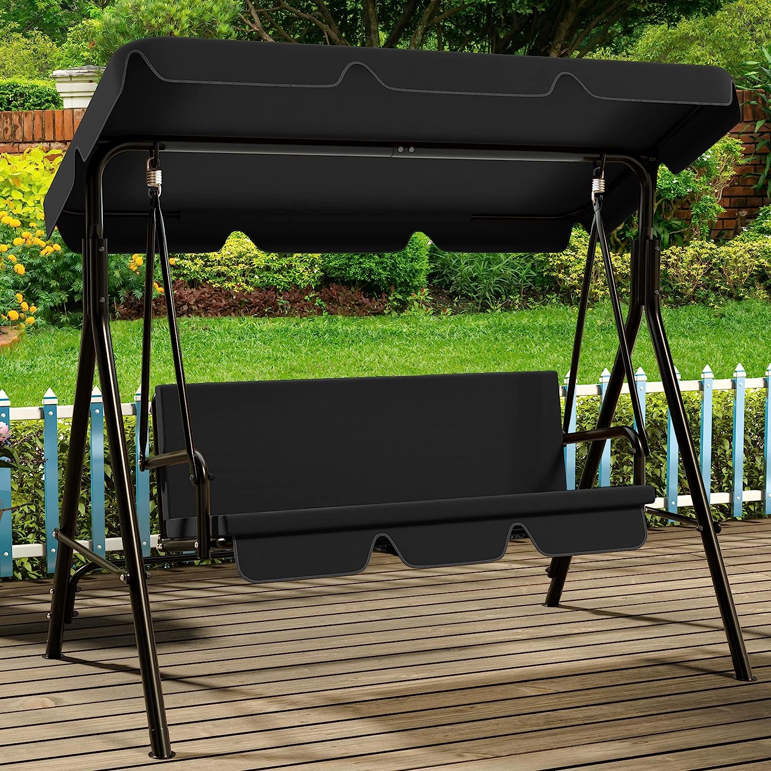 YITAHOME 3-Seat Porch Swing Outdoor Heavy Duty Patio Swing Chair with Stand Adjustable Canopy Soft Cushion for Garden, Patio, Lawn, Balcony and Deck, Black