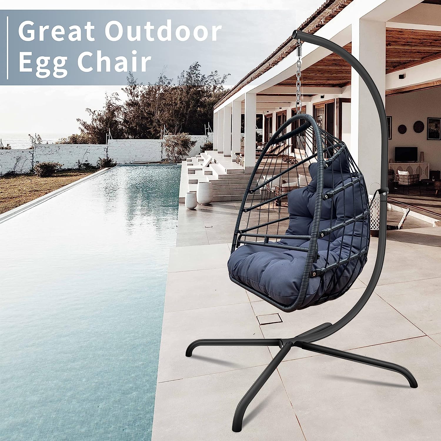 Olela Wicker Egg Swing Chair with Stand Indoor Outdoor,Hanging Egg Chair with Cushion and Pillow,Basket Chair for Bedroom,Living Room or Patio Garden (Natural-Round Base)