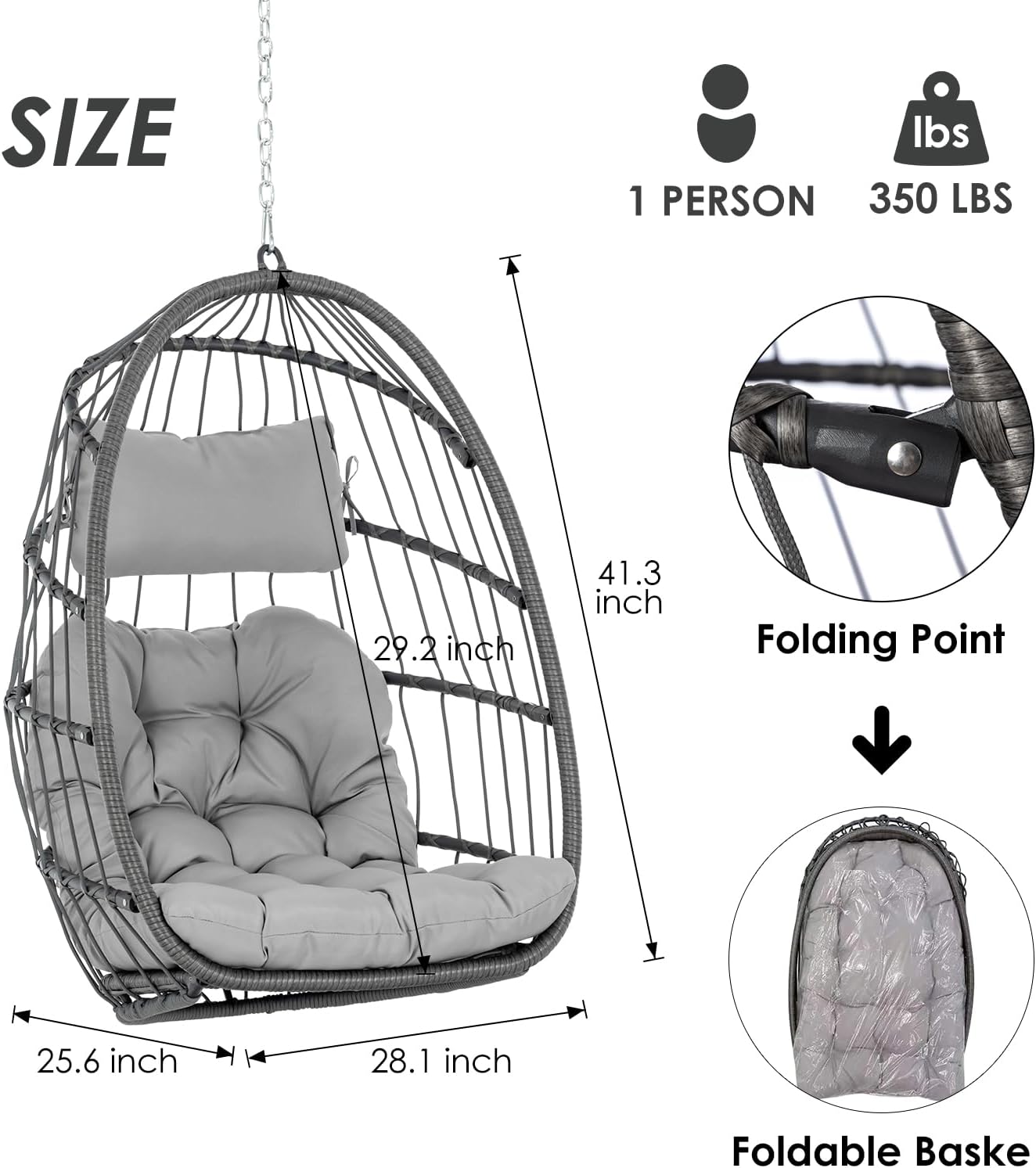 Hanging Egg Chair Without Stand - Foldable Indoor Outdoor Wicker Rattan Swing Egg Chair with Hanging Chain Hammock Chair - UV Resistant Cushions & Aluminum Frame for Bedroom Patio Camping (Grey)