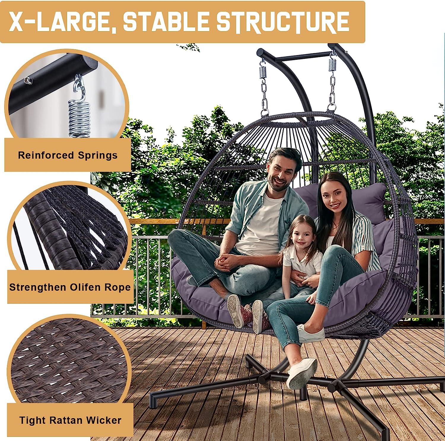 Double Egg Chair with Stand, Foldable 2-Person Hanging Swing Chair with Cover and UV Cushion, X-Large Rattan Wicker Hammock Chair for Indoor Outdoor Garden Patio (Black Frame + Gray Cushion)