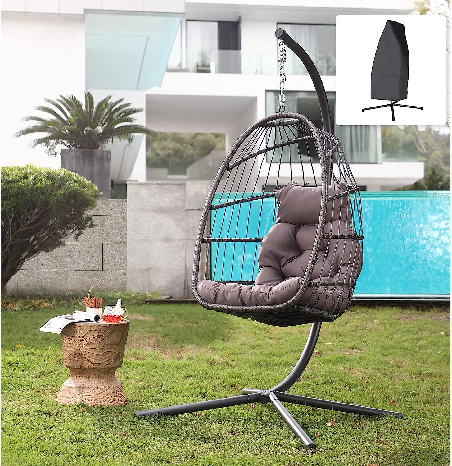 Patiorama Indoor Outdoor Egg Swing Chair with Stand, Patio Grey Wicker Rattan Hanging Chair with Rope Back, Cushion,Cover,All Weather Foldable Hammock Chair for Bedroom, Garden (Light Grey)