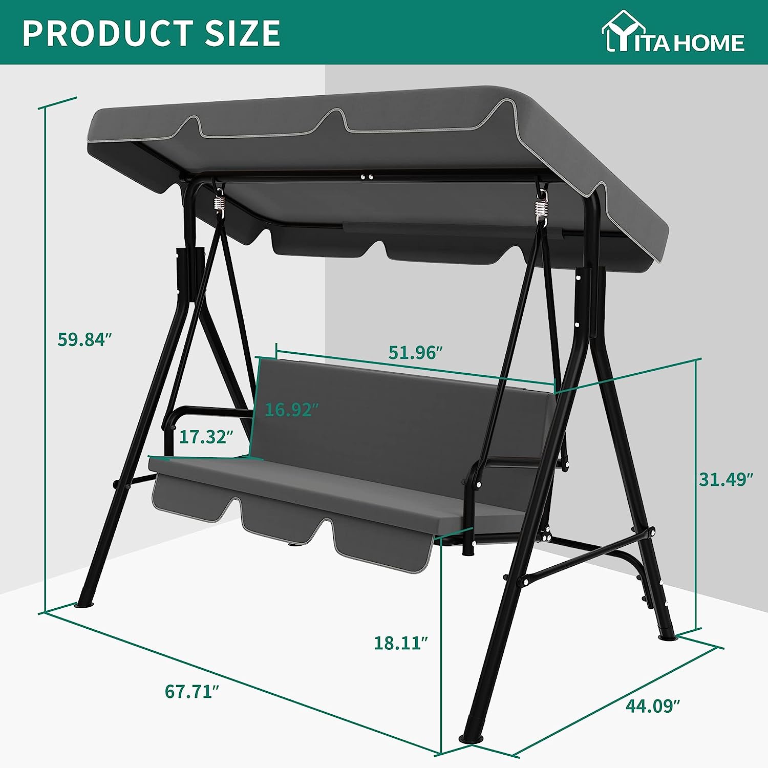 YITAHOME 3-Seat Porch Swing Outdoor Heavy Duty Patio Swing Chair with Stand Adjustable Canopy Soft Cushion for Garden, Patio, Lawn, Balcony and Deck, Black