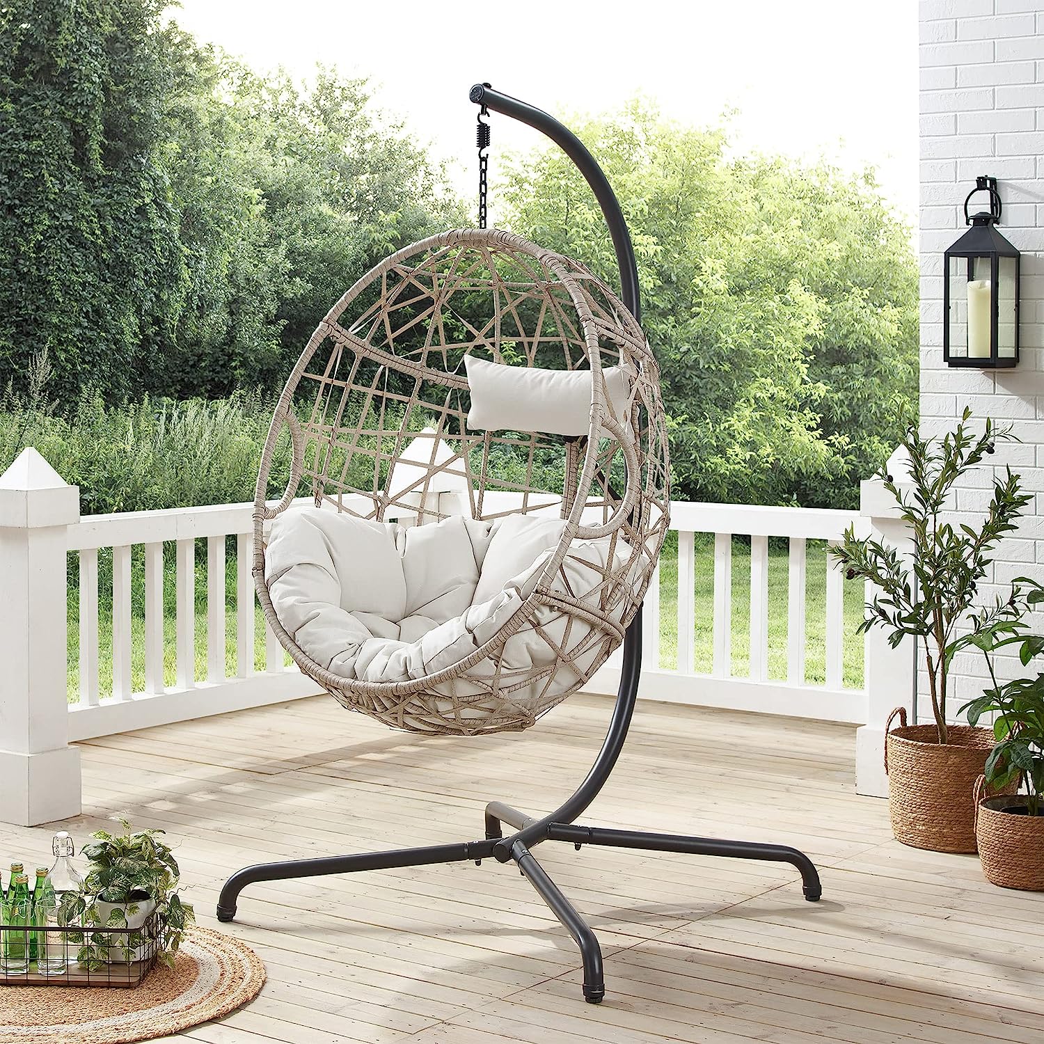 Iwicker Outdoor Rattan Egg Hanging Swing Chair with Cushions and Stand (Beige)
