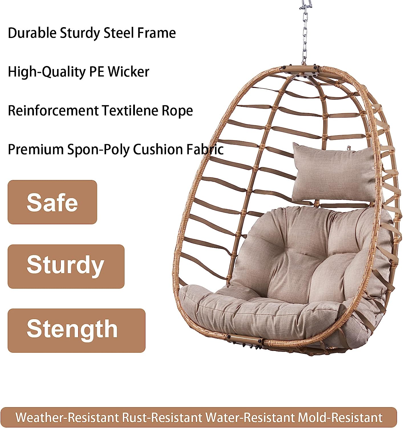 Rilyson Hanging Egg Chair Without Stand - Outdoor Egg Swing Chair with Resistant Cushion Wicker Rattan Swinging Egg Chair for Patio Garden Balcony(Grey/Blue)