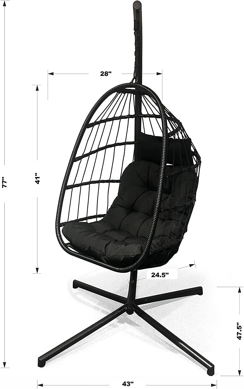 Avenlur Outdoor Patio Hanging Chair - Hammock Swing Egg Chair with Stand, Indoor/Outdoor Hanging Chair for Patio Bedroom Balcony (Black)