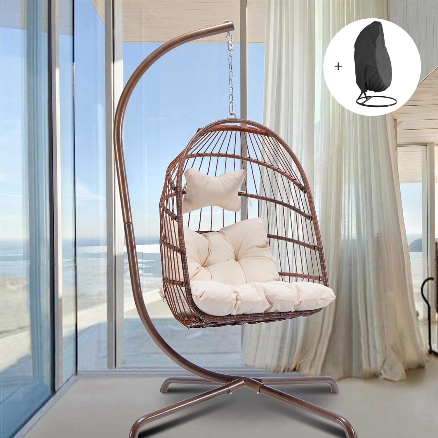 in Door Outdoor Patio Wicker Hanging Chair Swing Chair Patio Egg Chair UV Resistant Beige Cushion Aluminum Frame (Brown)