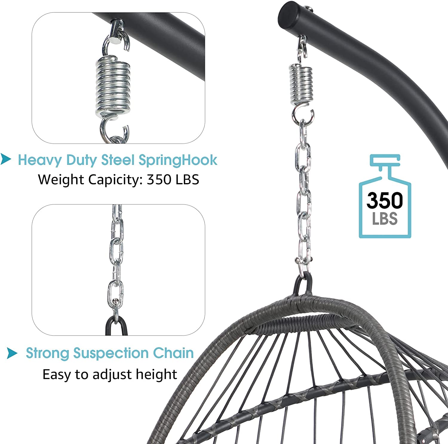 Patiorama Indoor Outdoor Egg Swing Chair with Stand, Patio Grey Wicker Rattan Hanging Chair with Rope Back, Cushion,Cover,All Weather Foldable Hammock Chair for Bedroom, Garden (Light Grey)