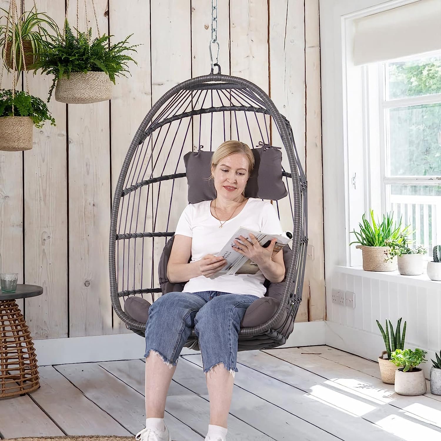 Patiorama Indoor Outdoor Egg Swing Chair with Stand, Patio Grey Wicker Rattan Hanging Chair with Rope Back, Cushion,Cover,All Weather Foldable Hammock Chair for Bedroom, Garden (Light Grey)