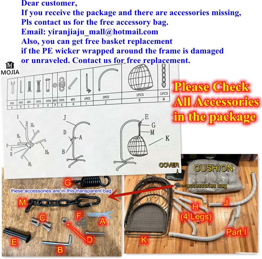 Mojia Patio Wicker Hanging Egg Swing Chair with Stand, Hammock Egg Chairs Foldable UV Resistant Cushions 440lbs Capaticy (Gray)