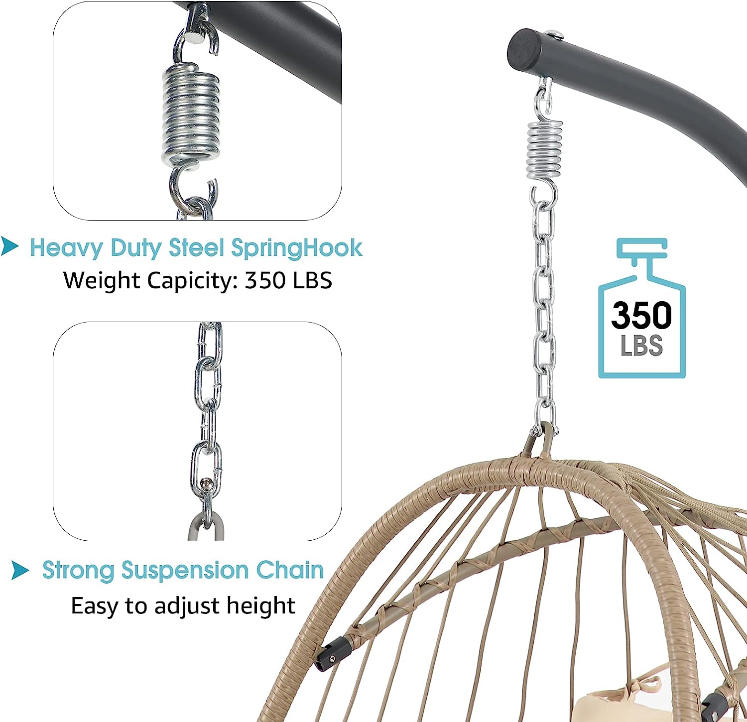 Patiorama Indoor Outdoor Egg Swing Chair with Stand, Patio Grey Wicker Rattan Hanging Chair with Rope Back, Cushion,Cover,All Weather Foldable Hammock Chair for Bedroom, Garden (Light Grey)