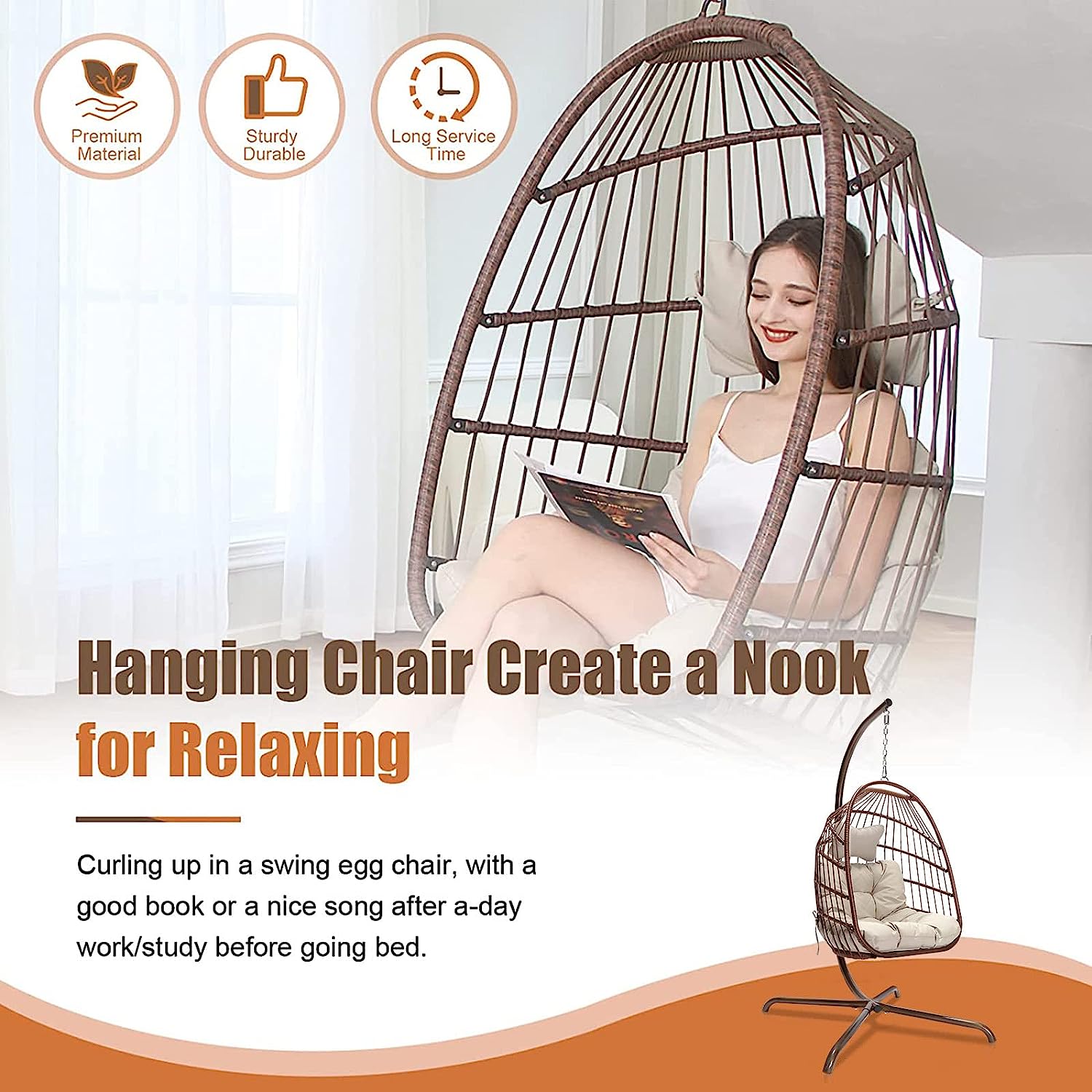 Swing Egg Chair with Stand Indoor Outdoor Wicker Rattan Patio Basket Hanging Chair with UV Resistant Cushions 350lbs Capaticy for Bedroom Balcony Patio (Cream)