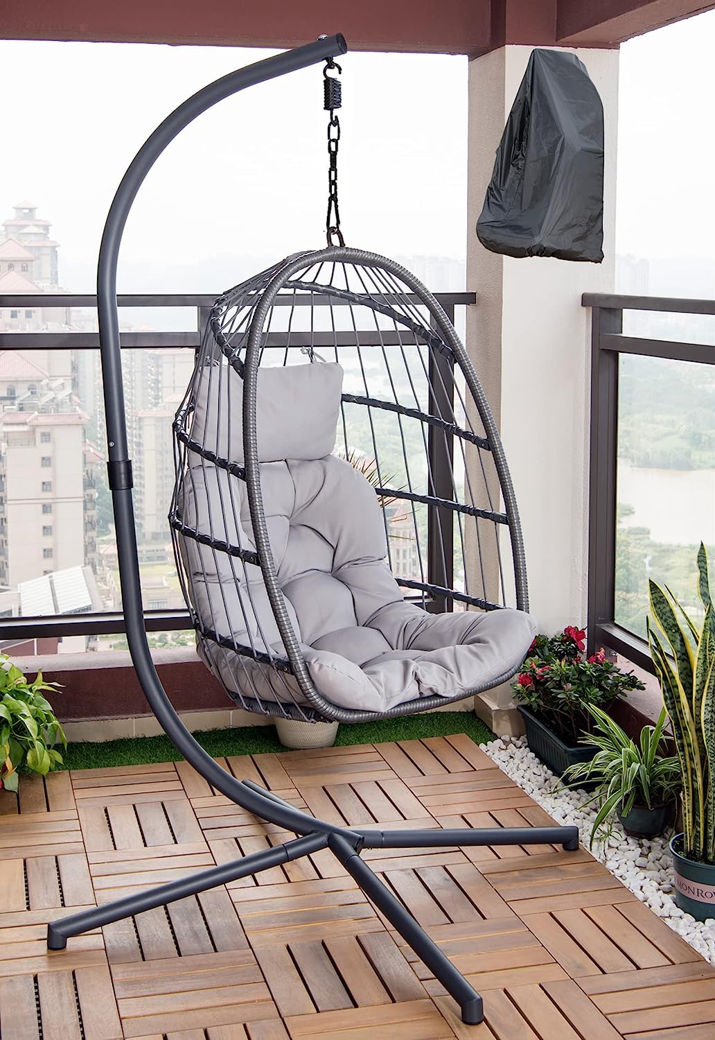 Mojia Patio Wicker Hanging Egg Swing Chair with Stand, Hammock Egg Chairs Foldable UV Resistant Cushions 440lbs Capaticy (Gray)