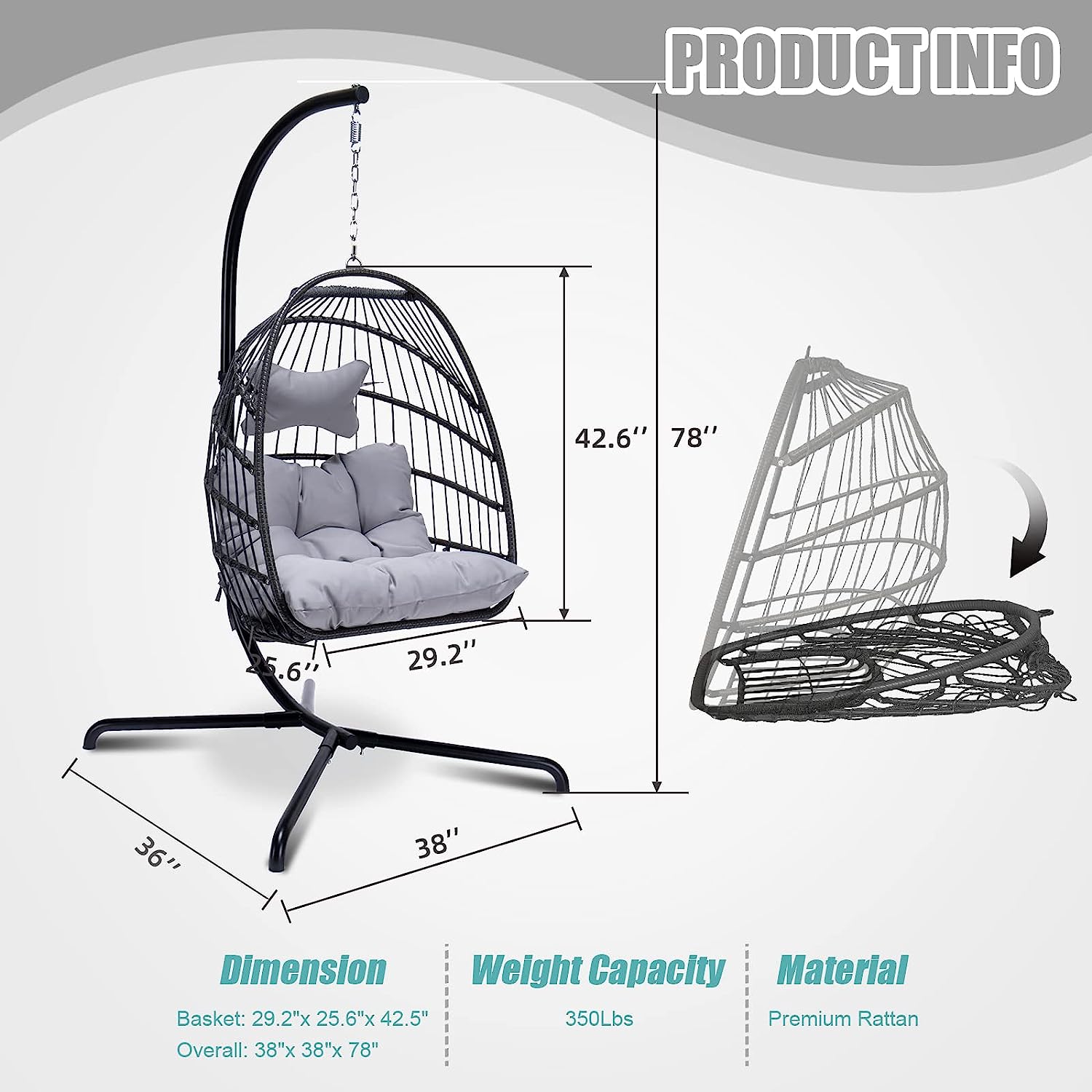 Swing Egg Chair with Stand Indoor Outdoor Wicker Rattan Patio Basket Hanging Chair with UV Resistant Cushions 350lbs Capaticy for Bedroom Balcony Patio (Cream)