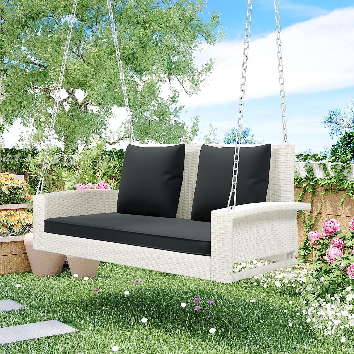 Patio 51.9” 2-Person Swing Chair,Outdoor Rattan Woven Hanging Seat with Adjustable Rope and Cushion,for Porch Lawn Garden Backyard Balconies (Black&b)