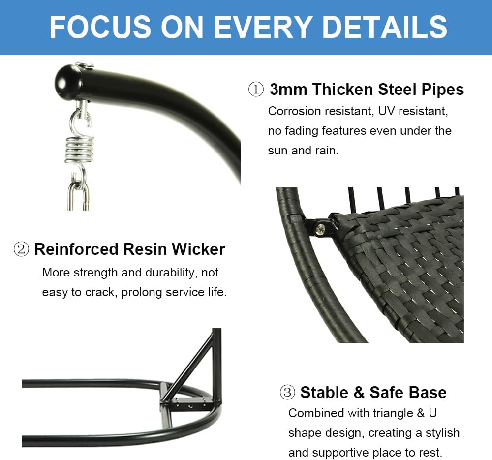 Foldable Swing Chair with Stand, Rattan Wicker Hanging Egg Chair Hammock Chair with Cushion and Pillow for Indoor Outdoor Bedroom Patio Garden (Dark Grey)