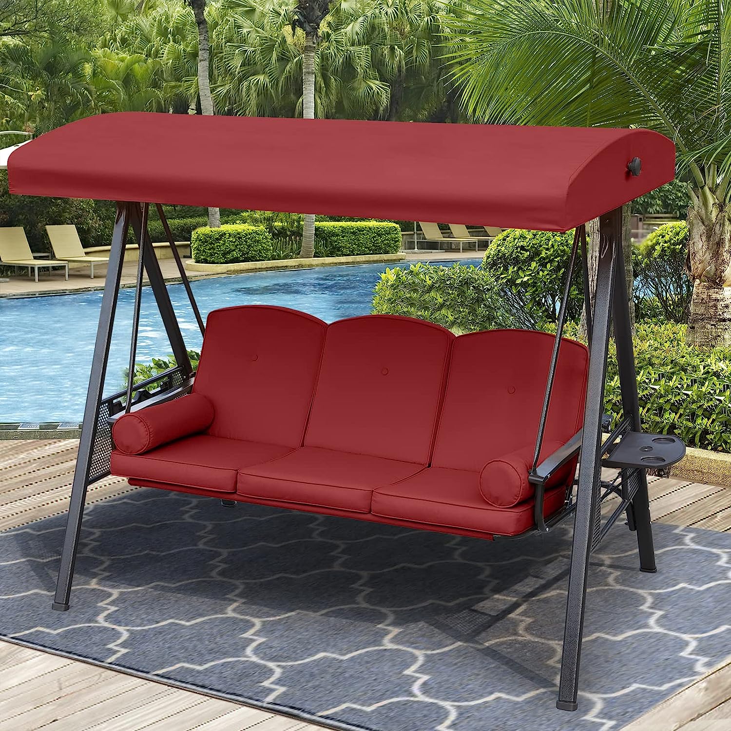 NOBLEMOOD Outdoor Porch Swing with Stand and Canopy, 3 Seat Freestanding Metal Porch Swing Bed with Cushions and Cup Trays for Backyard Outside Deck Lawn (Wine Red)