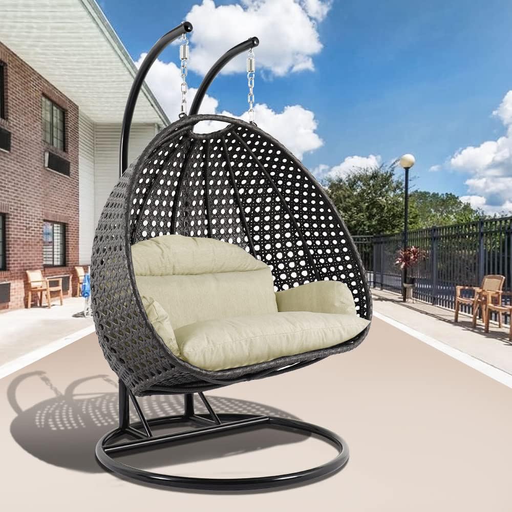 LeisureMod 2 Person Hanging Double Swing Chair, X-Large Wicker Rattan Egg Chair with Stand and Cushion for Indoor Outdoor Patio Garden (Light Green)