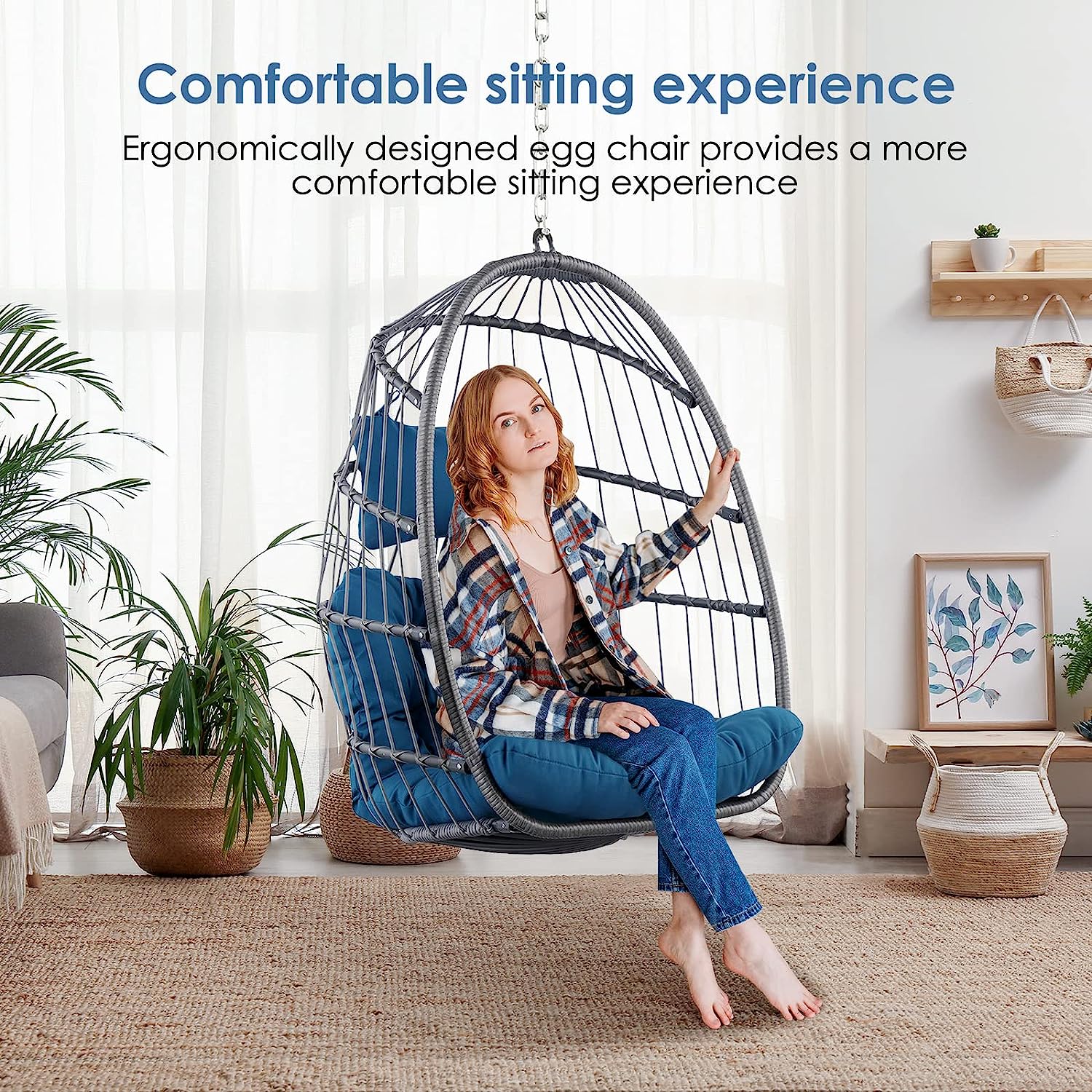 Hanging Egg Chair Without Stand - Foldable Indoor Outdoor Wicker Rattan Swing Egg Chair with Hanging Chain Hammock Chair - UV Resistant Cushions & Aluminum Frame for Bedroom Patio Camping (Grey)