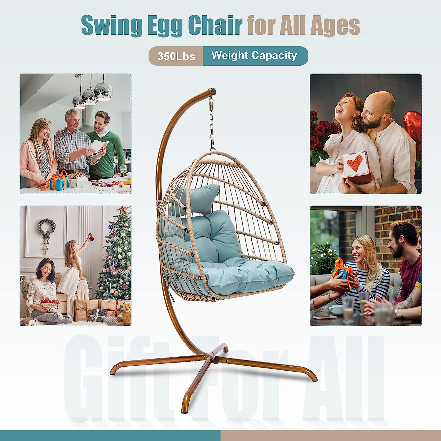 Indoor Outdoor Patio Wicker Hanging Chair Swing Egg Basket Chairs with Stand UV Resistant Cushions 350lbs Capaticy for Patio Backyard Balcony Xmas Gift