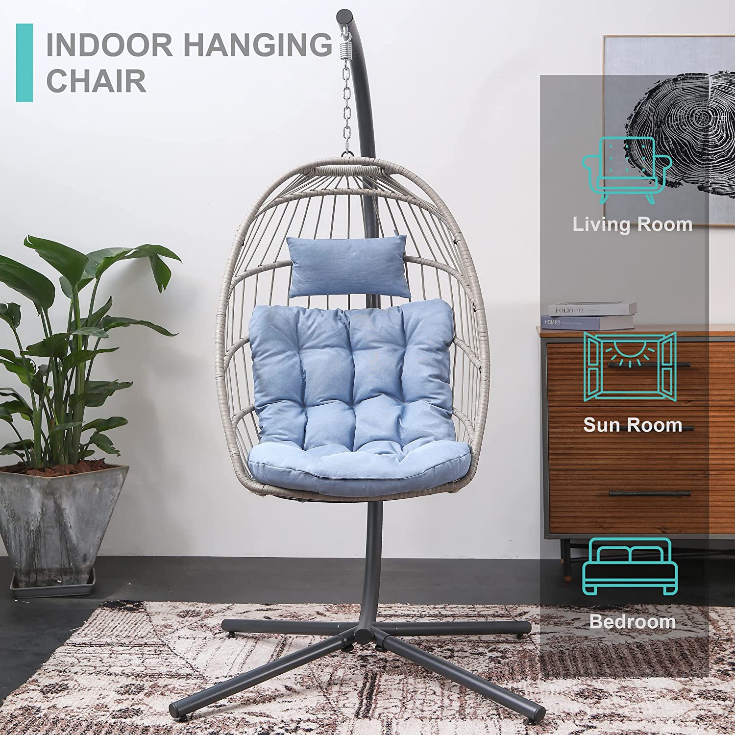 SWITTE Hanging Egg Chair with Stand, Egg Swing Hammock Chair with Stand, Indoor Outdoor Wicker Egg Chair with Cushion Headrest for Patio Bedroom Porch Garden, 350LBS Capacity(Dark Grey)