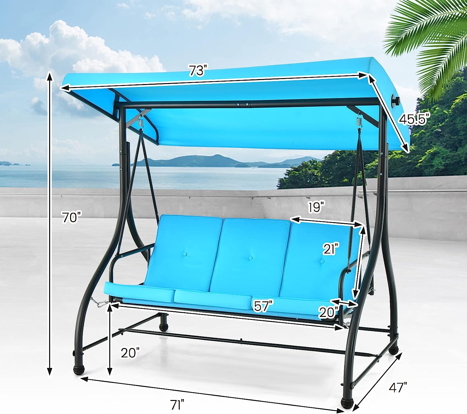 Tangkula 3 Person Porch Swing, 2-in-1 Convertible Patio Swing Bed with Removable Cushions, Solid Steel Structure, Outdoor Swing with Adjustable Canopy for Backyard, Balcony, Poolside (Turquoise)