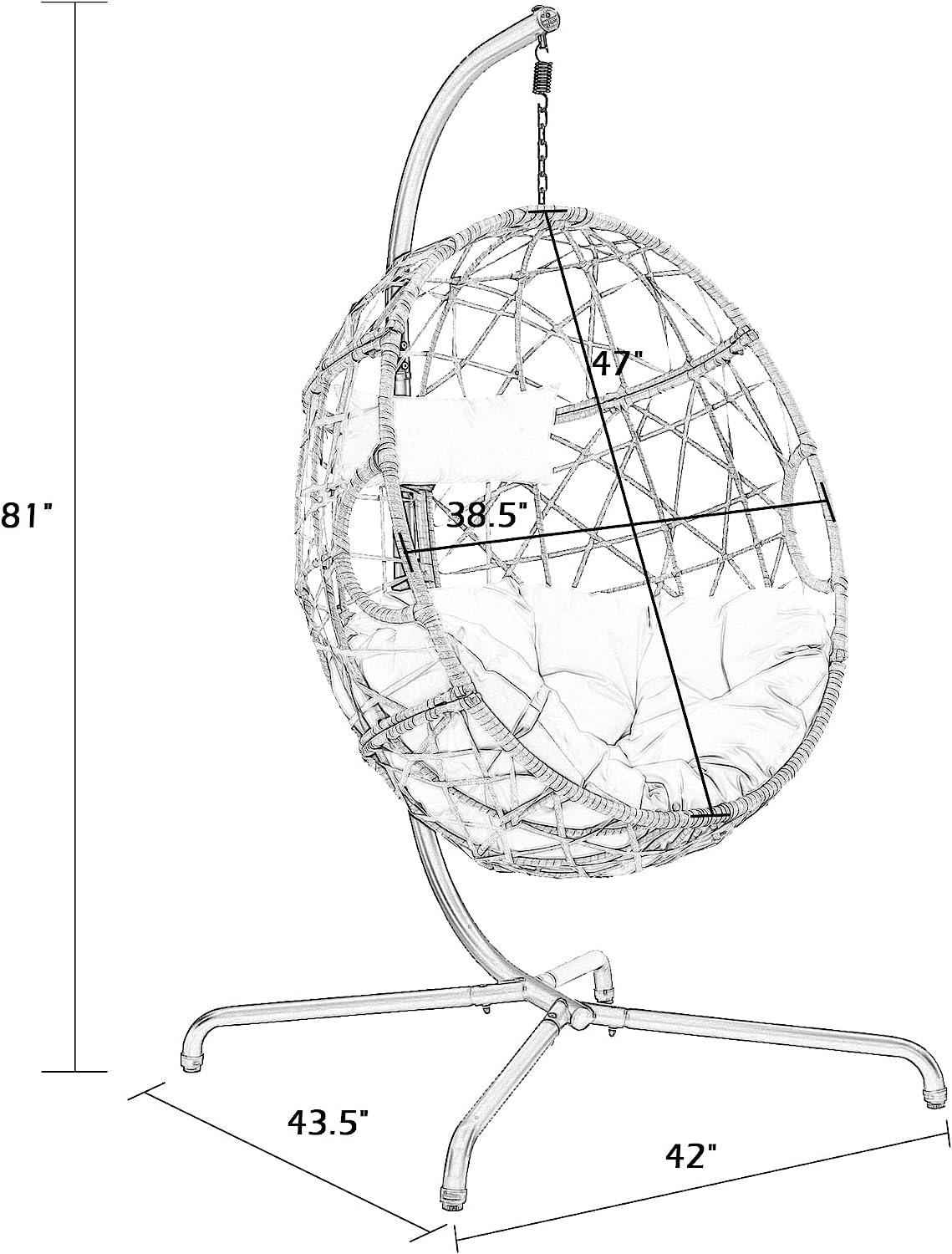 Iwicker Outdoor Rattan Egg Hanging Swing Chair with Cushions and Stand (Beige)