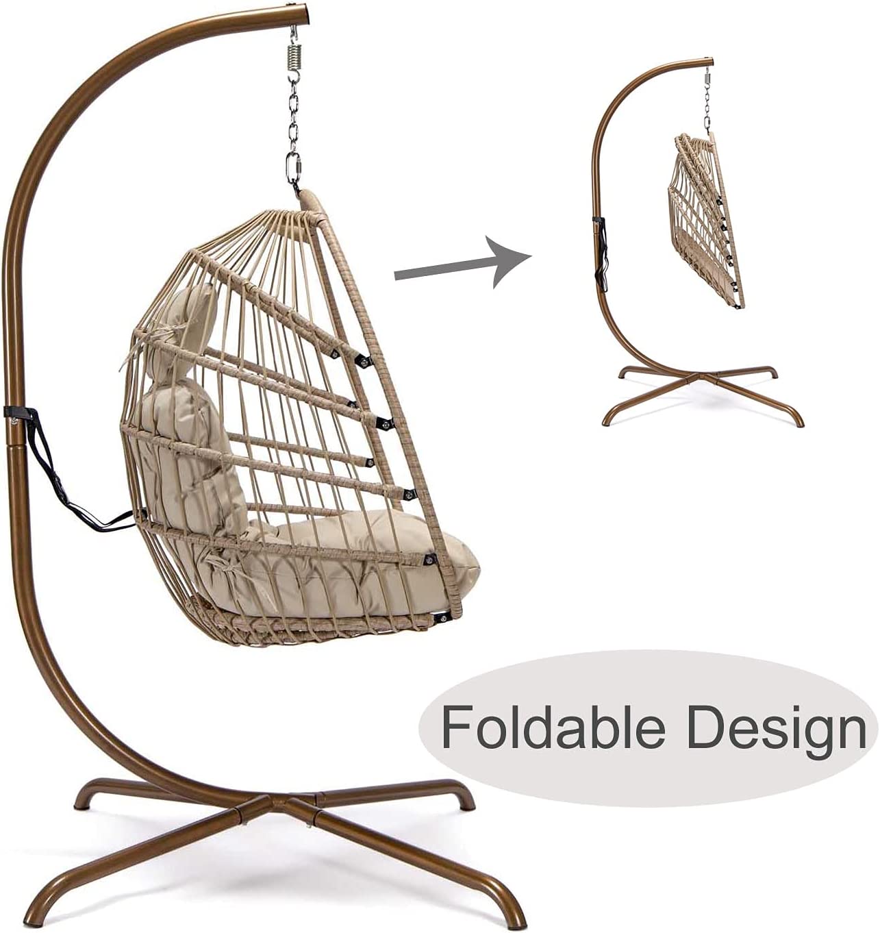 Indoor Outdoor Patio Wicker Hanging Chair Swing Egg Basket Chairs with Stand UV Resistant Cushions 350lbs Capaticy for Patio Backyard Balcony Xmas Gift
