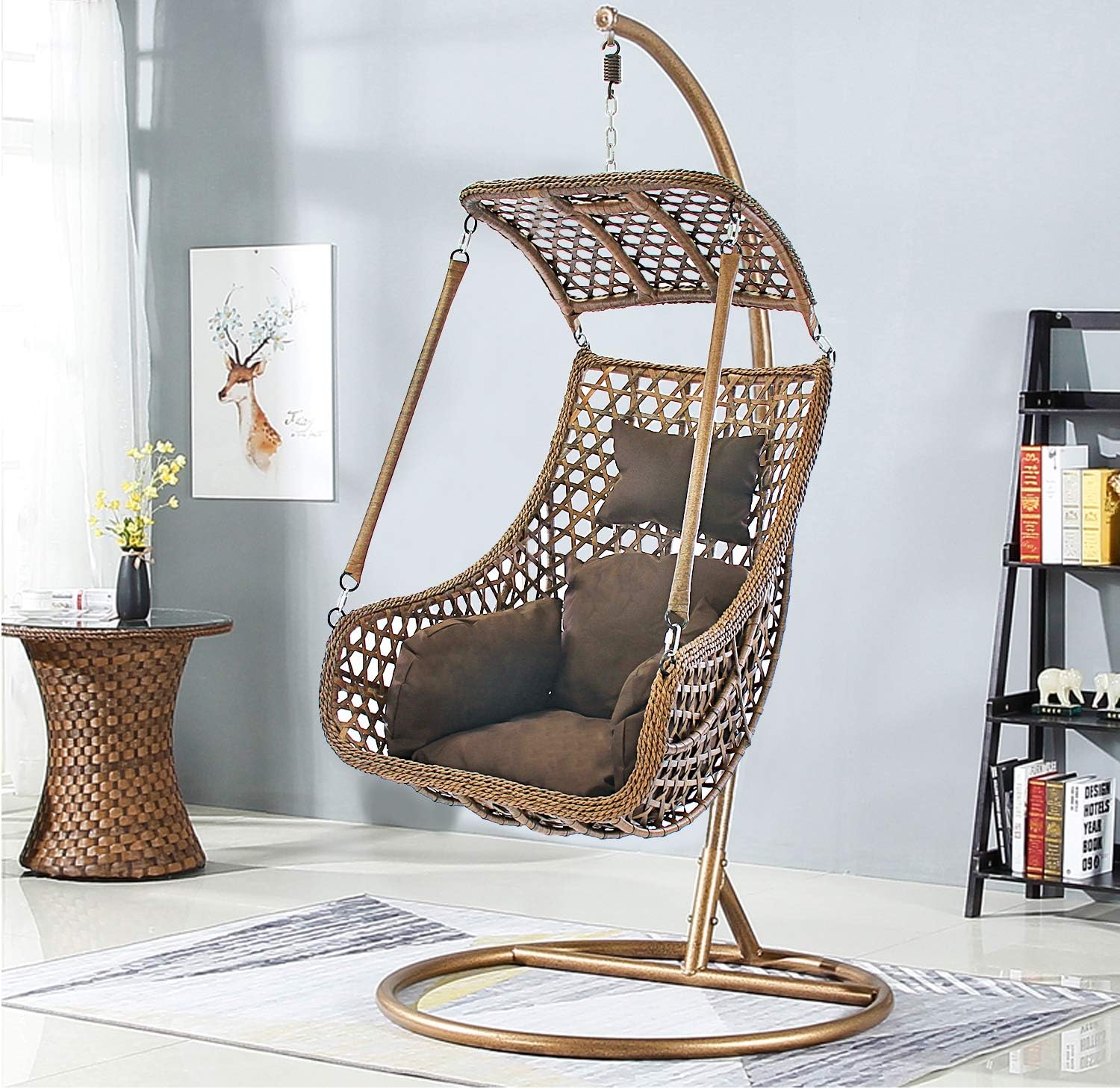 J.M.Deco Porch Swing Chair with Stand, Cushion & Pillow, Goldden Egg Rattan Wicker Swing Hanging Chair, Hammock Chair for Indoor, Outdoor, Garden, Backyard & Patio