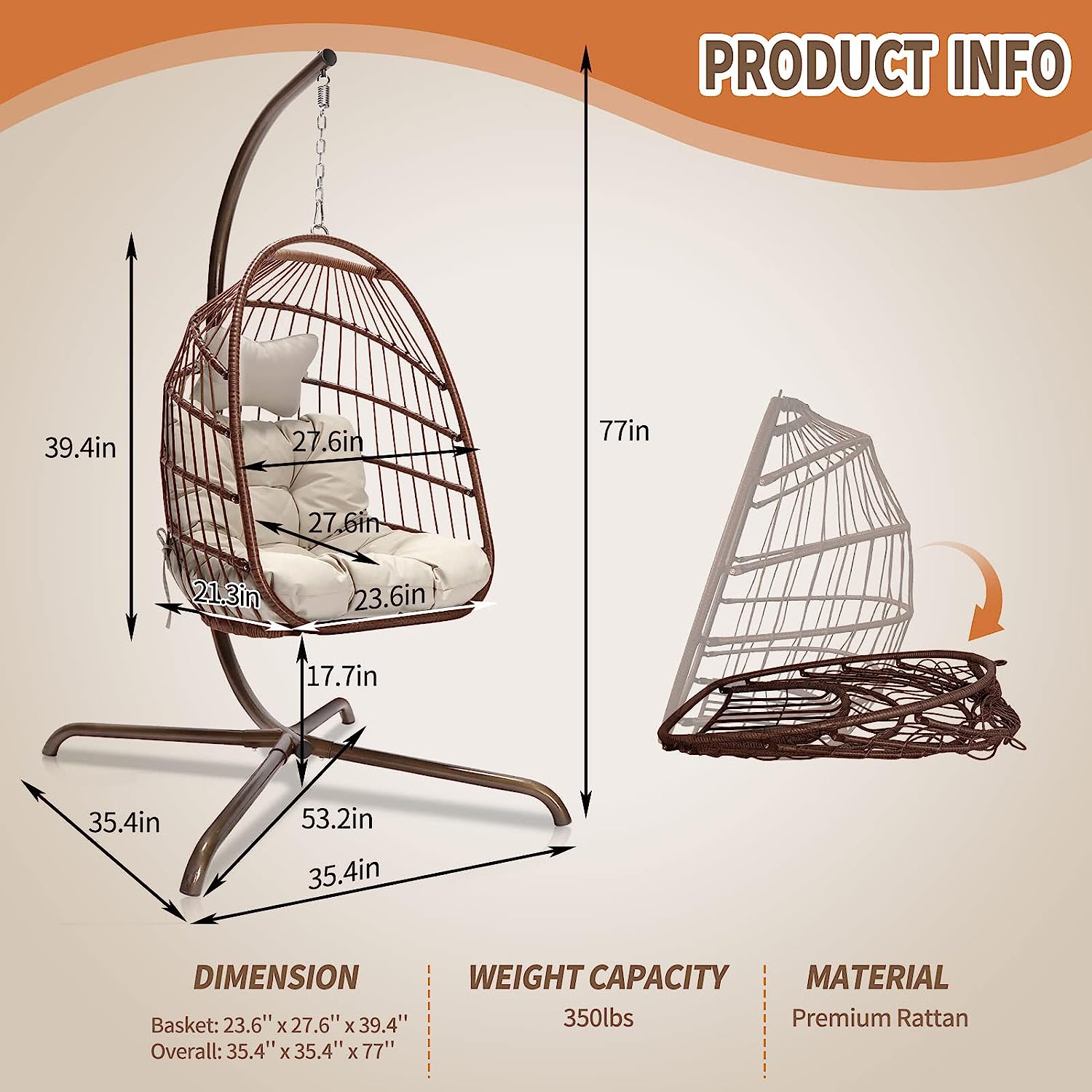 Swing Egg Chair with Stand Indoor Outdoor Wicker Rattan Patio Basket Hanging Chair with UV Resistant Cushions 350lbs Capaticy for Bedroom Balcony Patio (Cream)