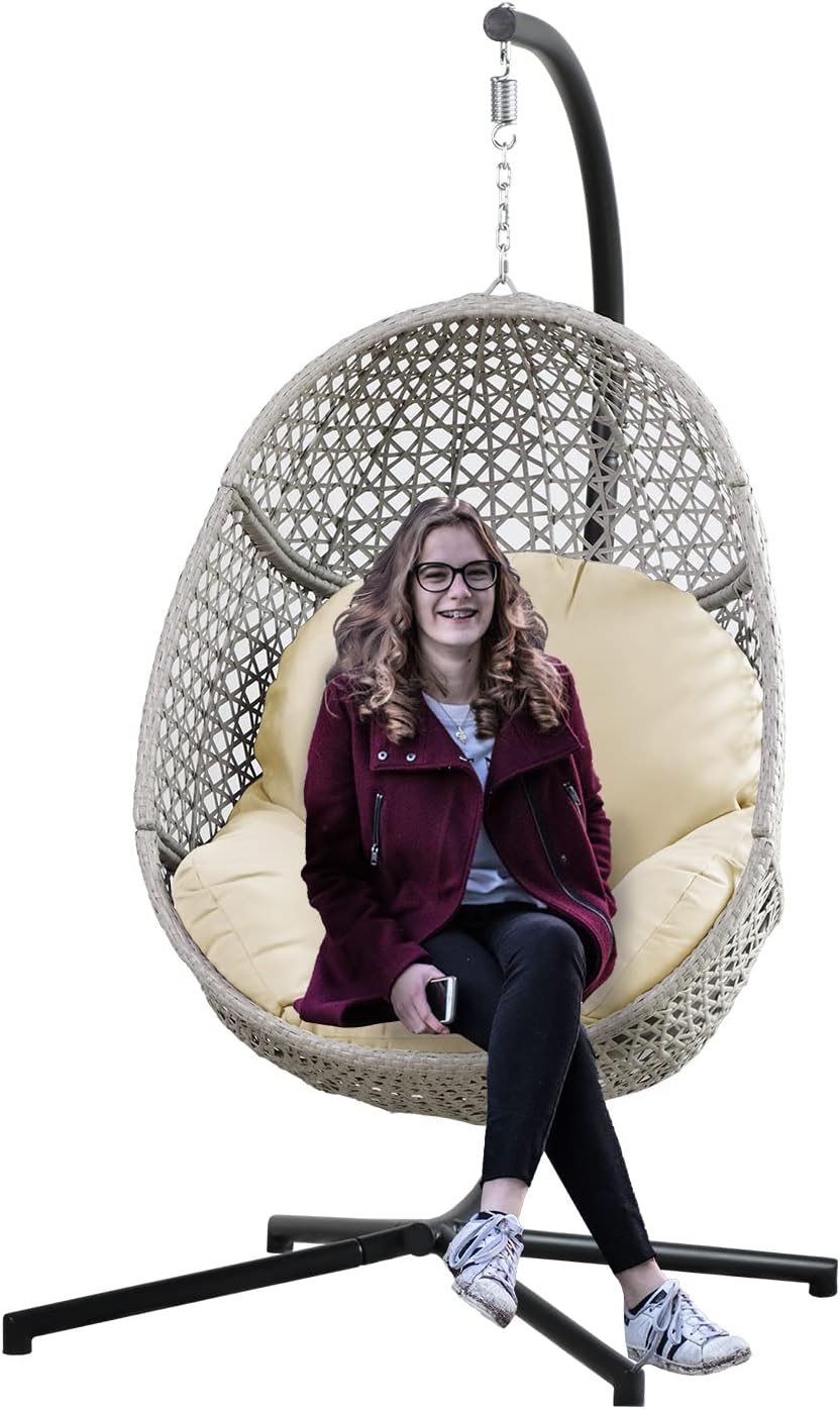 PRIVATE GARDEN Large Hanging Egg Chair with Stand Upgraded Wicker Egg Swing Chair Outdoor Indoor PE Rattan Hanging Chair with Grey Comfort Cushion Heavy Duty C-Stand