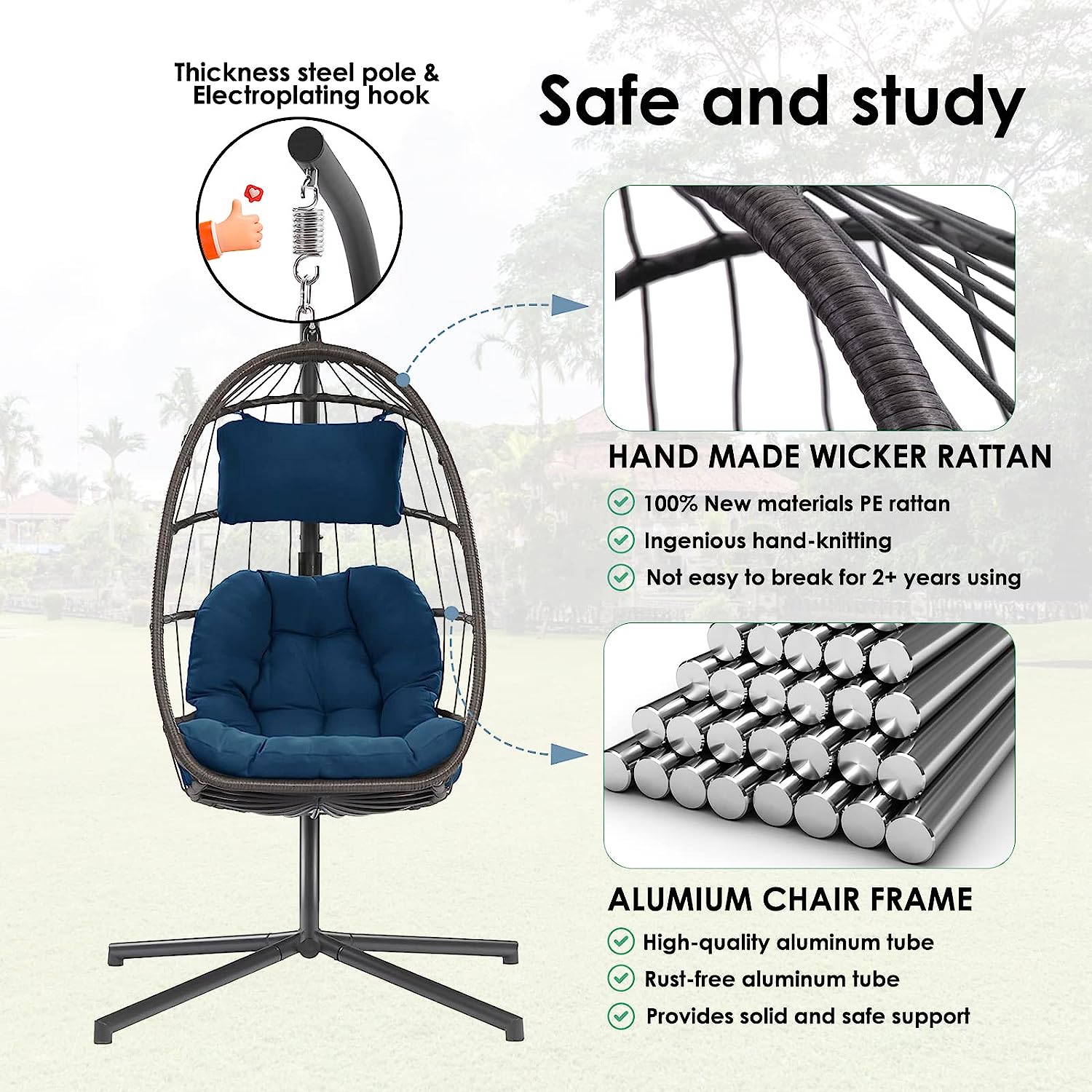 Egg Chair with Stand - Patio Rattan Wicker Hanging Swing Egg Chair Hammock Chair for Indoor Outdoor Bedroom Garden - Aluminum Steel Frame and UV Resistant Cushion 350LBS Capacity (Dark Grey)