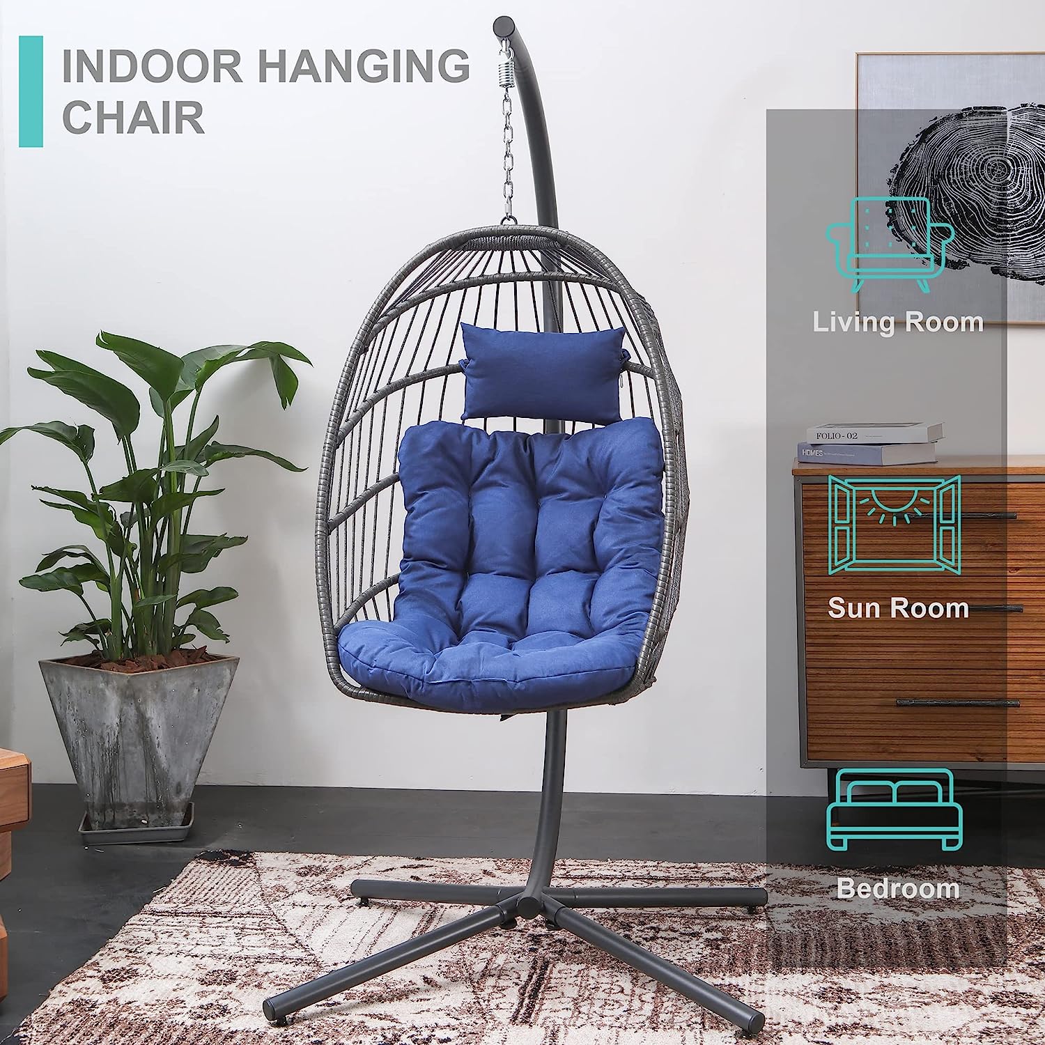 SWITTE Hanging Egg Chair with Stand, Egg Swing Hammock Chair with Stand, Indoor Outdoor Wicker Egg Chair with Cushion Headrest for Patio Bedroom Porch Garden, 350LBS Capacity(Dark Grey)