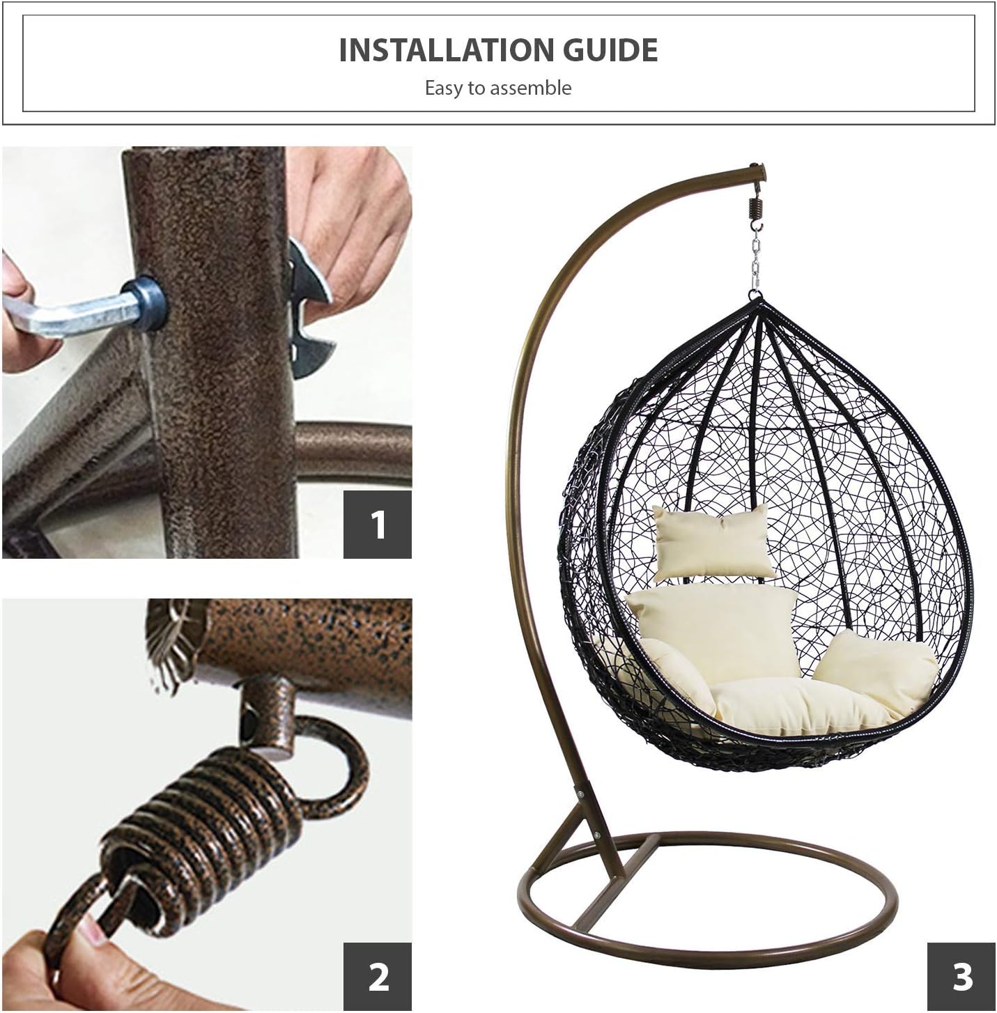 J.M.Deco Porch Swing Chair with Stand, Cushion & Pillow, Goldden Egg Rattan Wicker Swing Hanging Chair, Hammock Chair for Indoor, Outdoor, Garden, Backyard & Patio