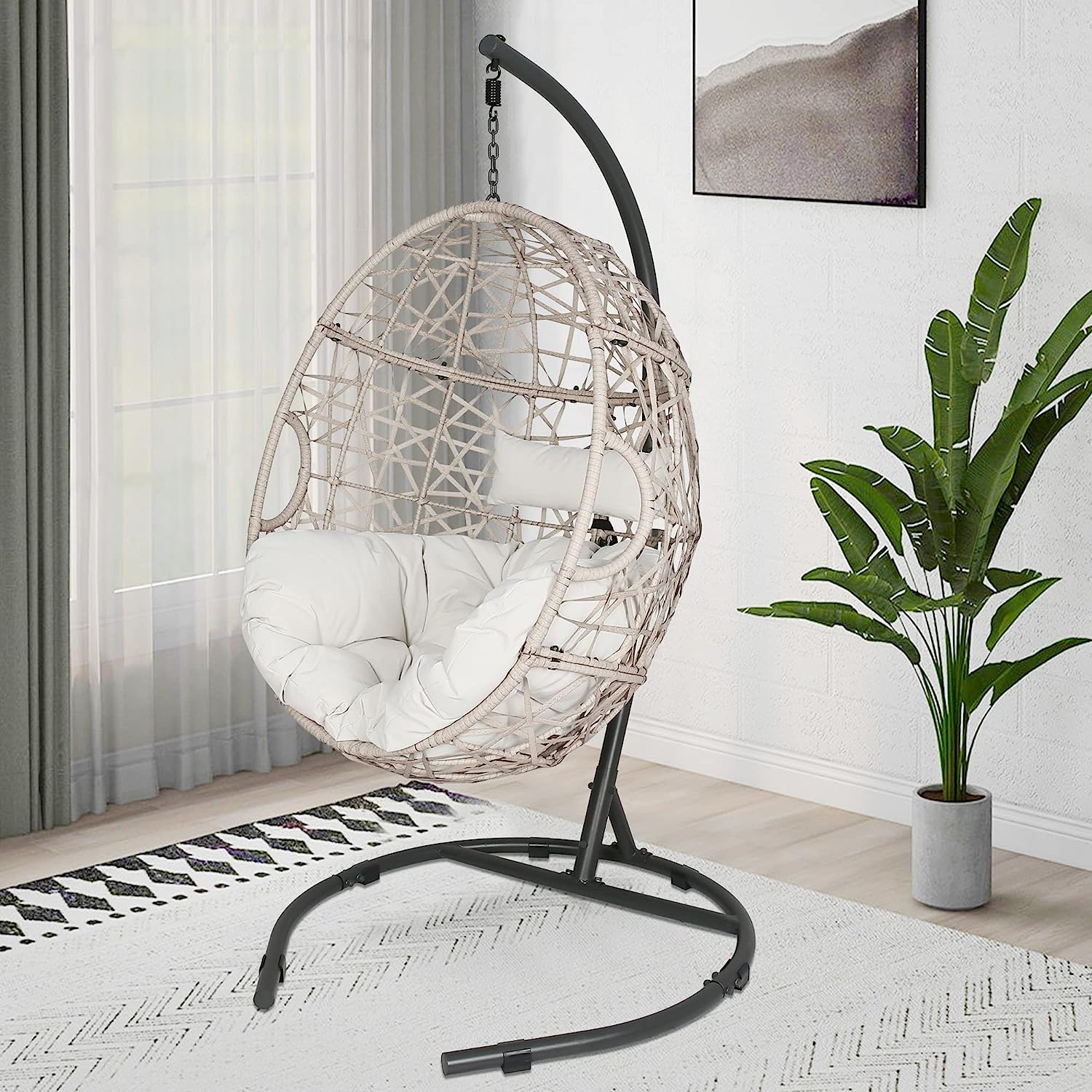 Iwicker Outdoor Rattan Egg Hanging Swing Chair with Cushions and Stand (Beige)