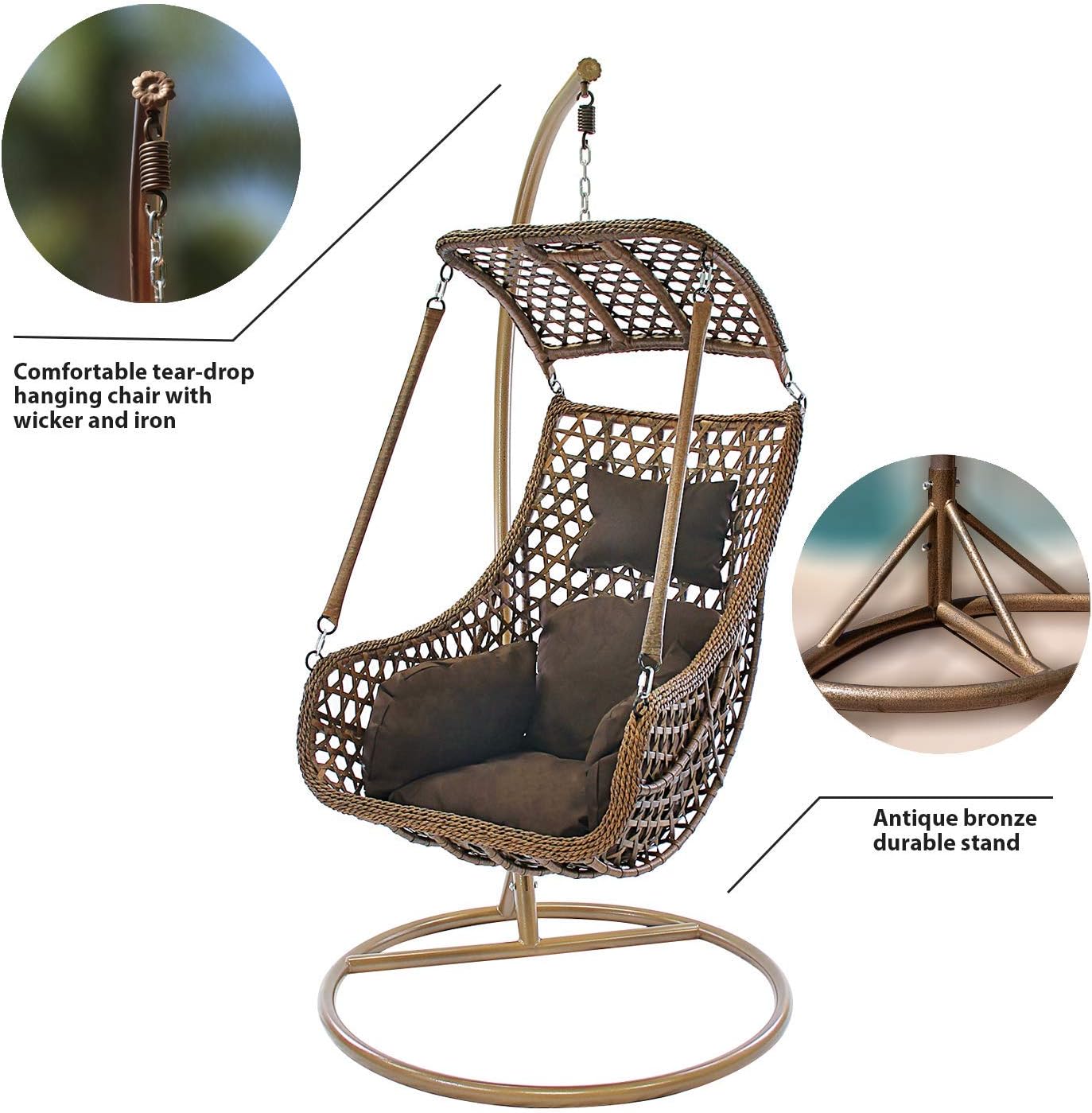 J.M.Deco Porch Swing Chair with Stand, Cushion & Pillow, Goldden Egg Rattan Wicker Swing Hanging Chair, Hammock Chair for Indoor, Outdoor, Garden, Backyard & Patio