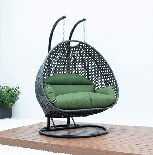 LeisureMod 2 Person Hanging Double Swing Chair, X-Large Wicker Rattan Egg Chair with Stand and Cushion for Indoor Outdoor Patio Garden (Light Green)